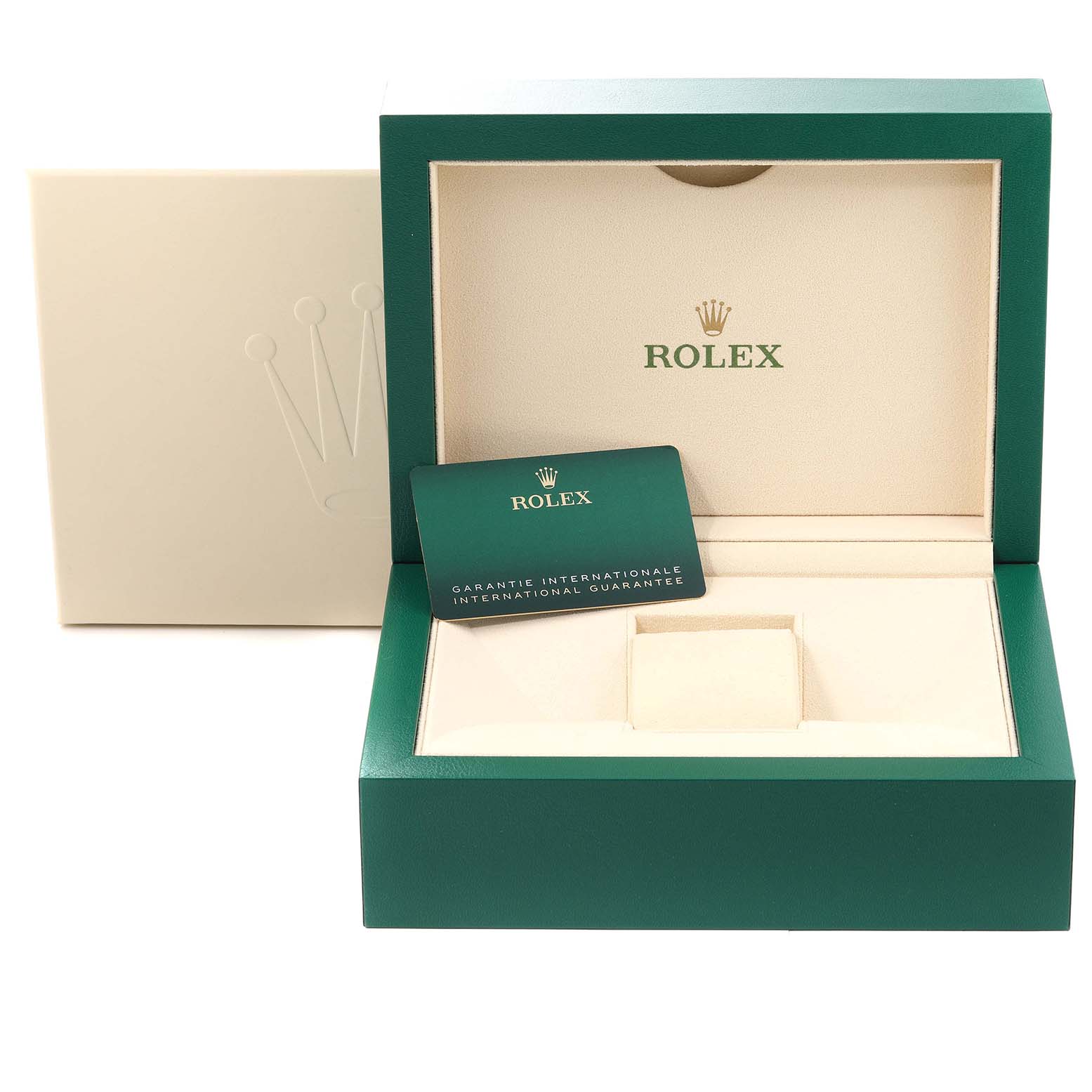 The image shows a Rolex President 128345RBR Men's Rose Gold Brown Dial 128345RBR Men's Rose Gold Brown Dial model watch box, including the inner cushion and international guarantee card.