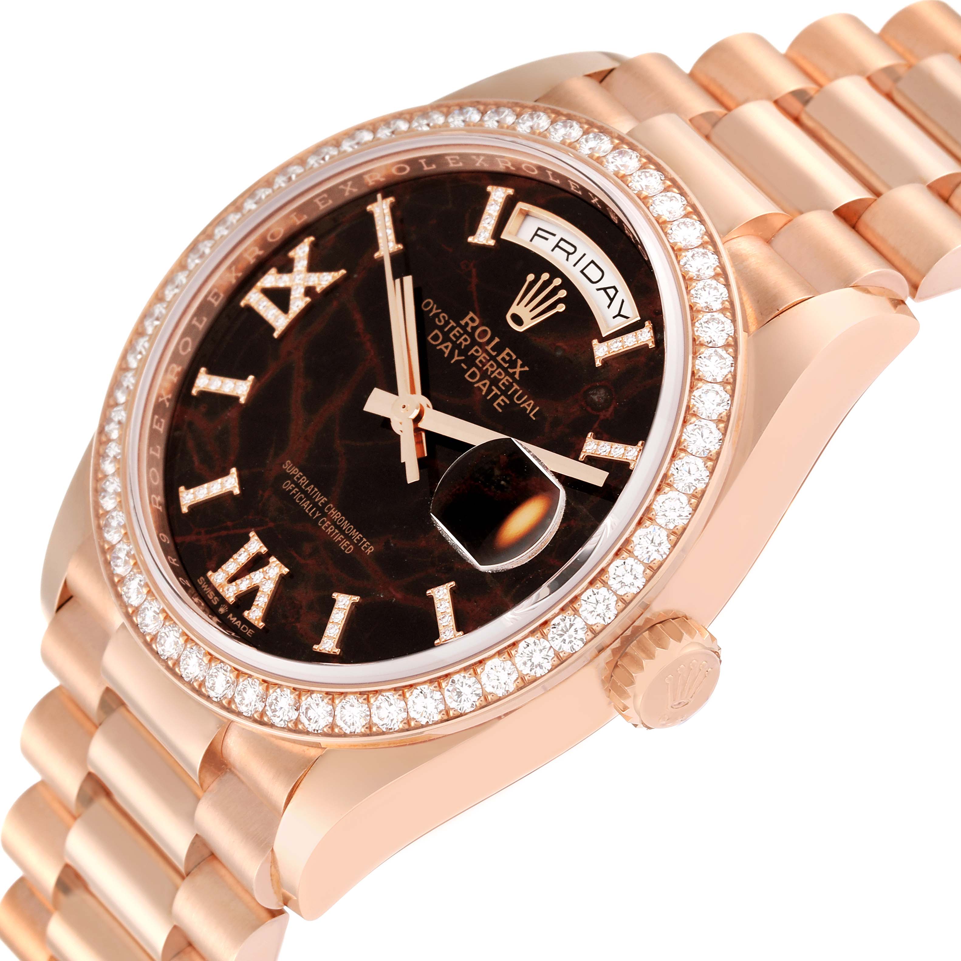 The Rolex President 128345RBR Men's Rose Gold Brown Dial 128345RBR Men's Rose Gold Brown Dial model watch is shown at a 3/4 angle, highlighting its dial, date window, crown, and bracelet.