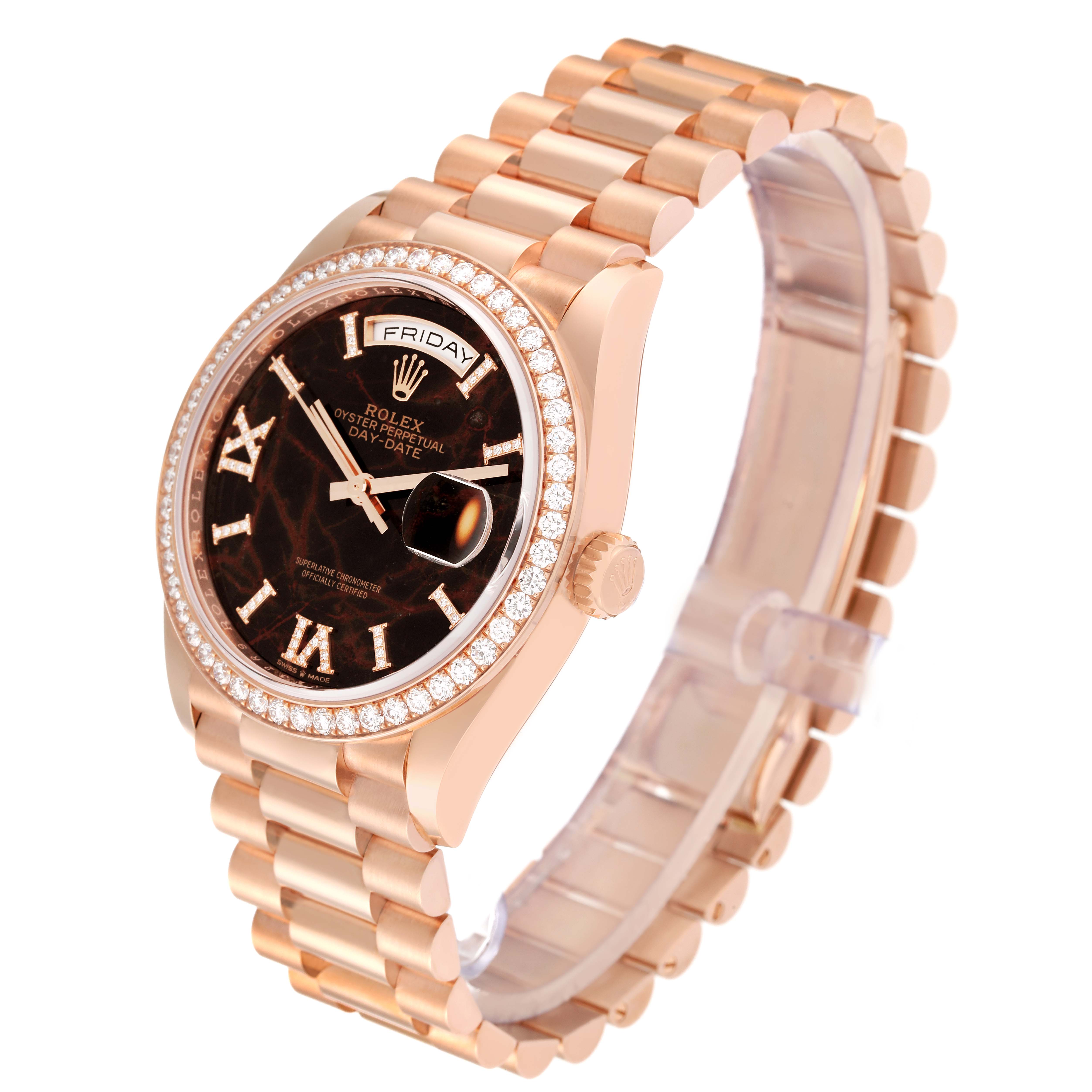 The image shows a side view of a Rolex President 128345RBR Men's Rose Gold Brown Dial 128345RBR Men's Rose Gold Brown Dial model watch, showcasing its bracelet, face, crown, and diamond bezel.