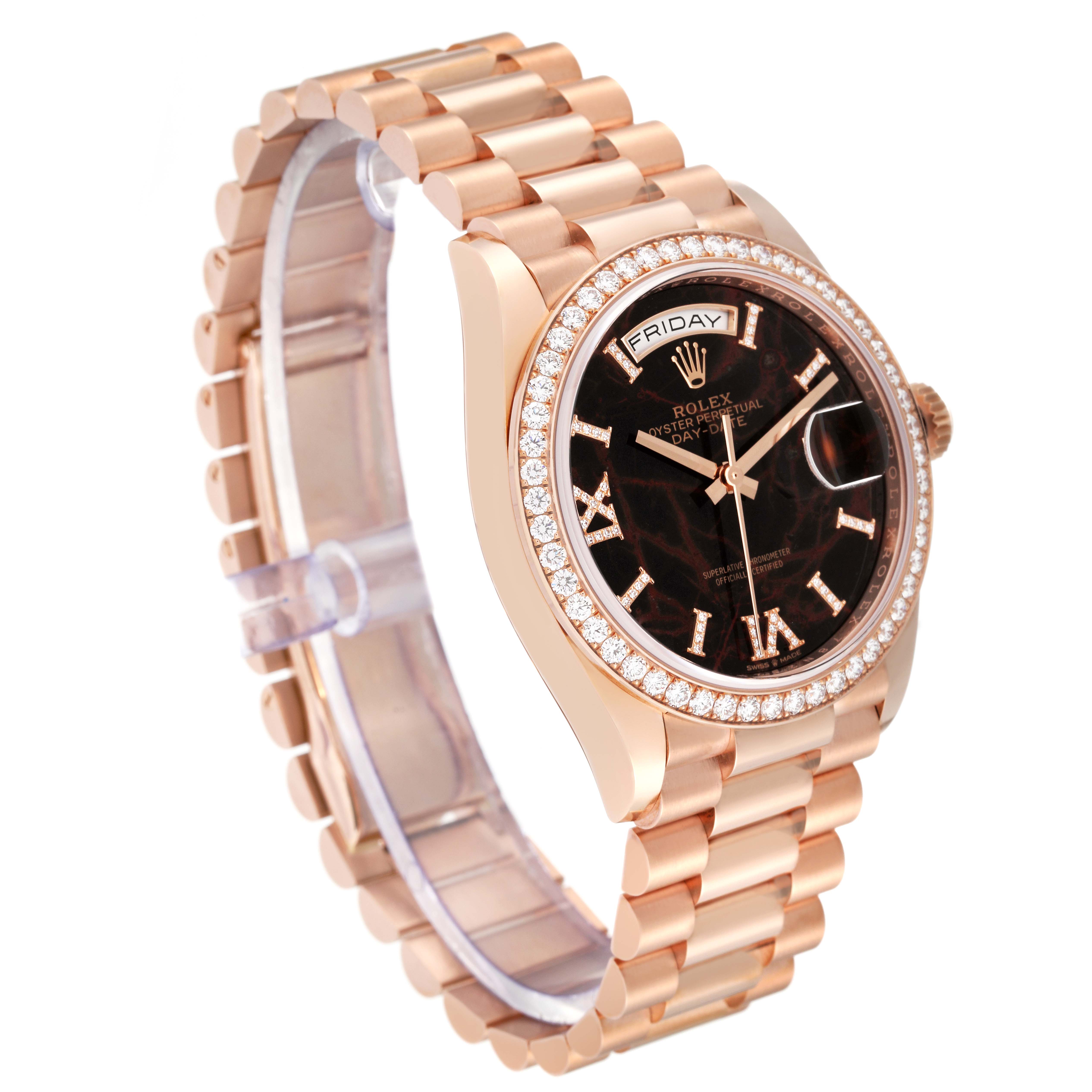 This image shows a Rolex President 128345RBR Men's Rose Gold Brown Dial 128345RBR Men's Rose Gold Brown Dial model watch at a slight angle, highlighting the face, band, and bezel.