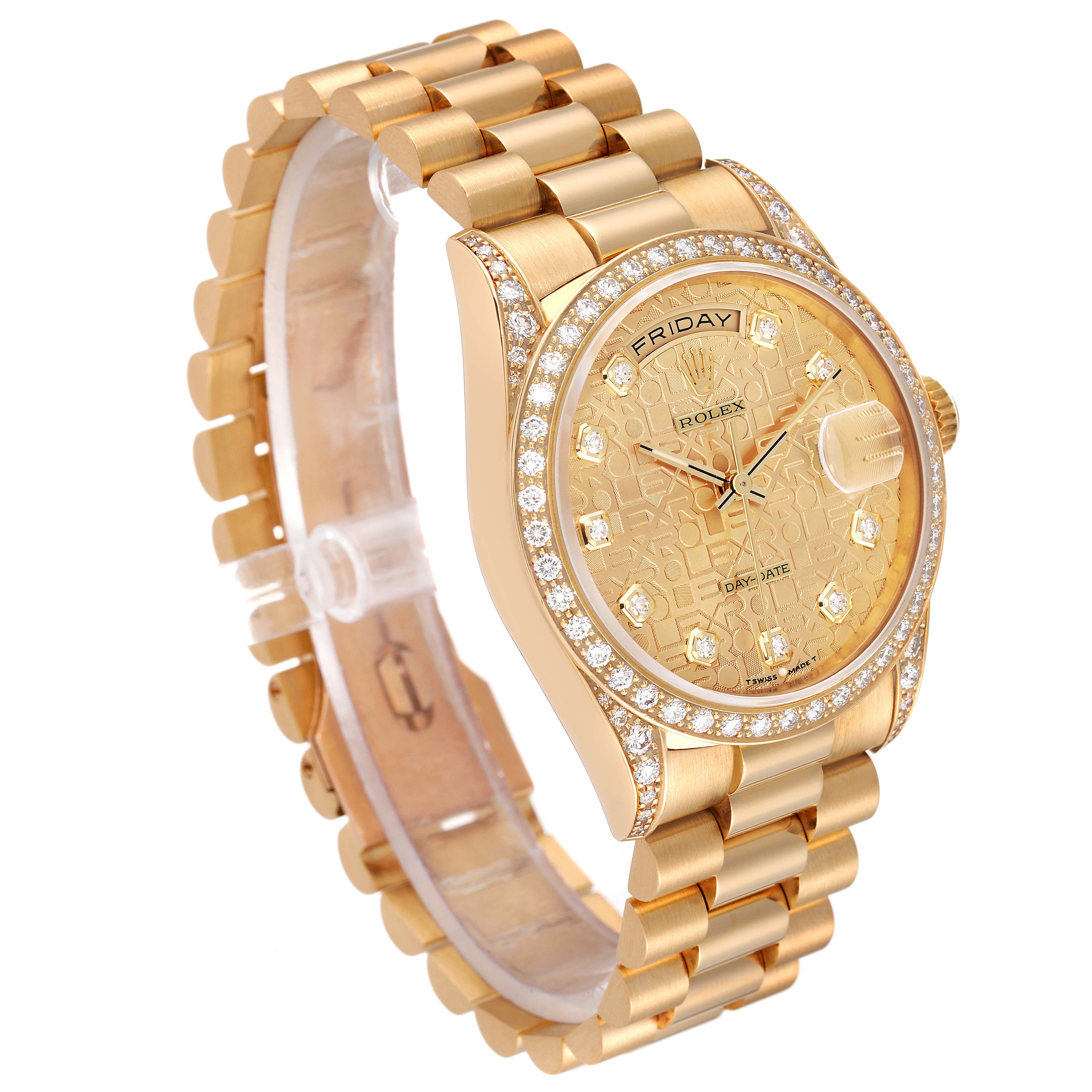 The image shows a side angle of the Rolex President 18338 Men
s Yellow Gold Champagne Dial 18338 Men
s Yellow Gold Champagne Dial model watch, highlighting the bracelet and diamond-studded bezel.