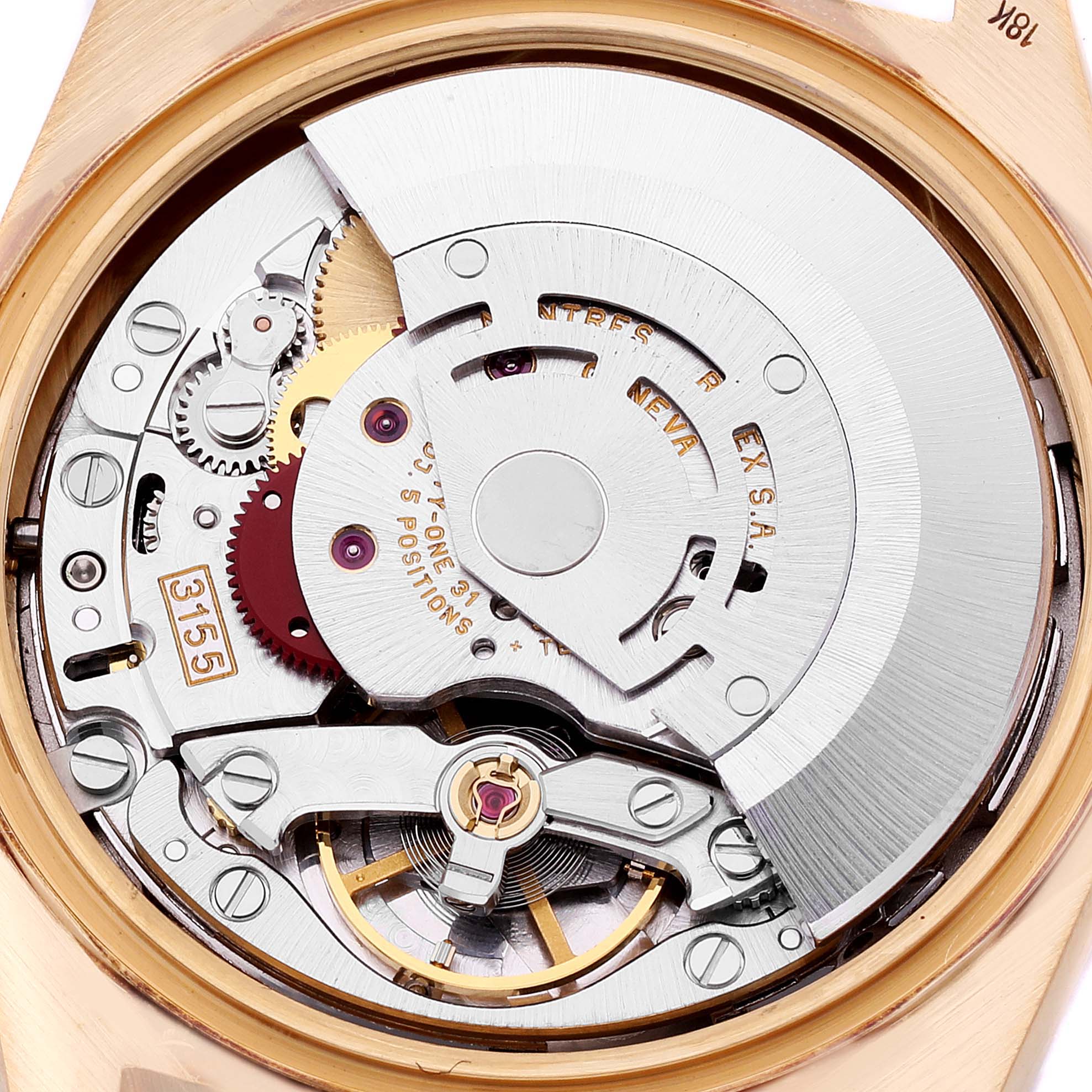 This image shows the movement and internal mechanism of a Rolex President 18338 Men
s Yellow Gold Champagne Dial 18338 Men
s Yellow Gold Champagne Dial model watch from a macro angle.