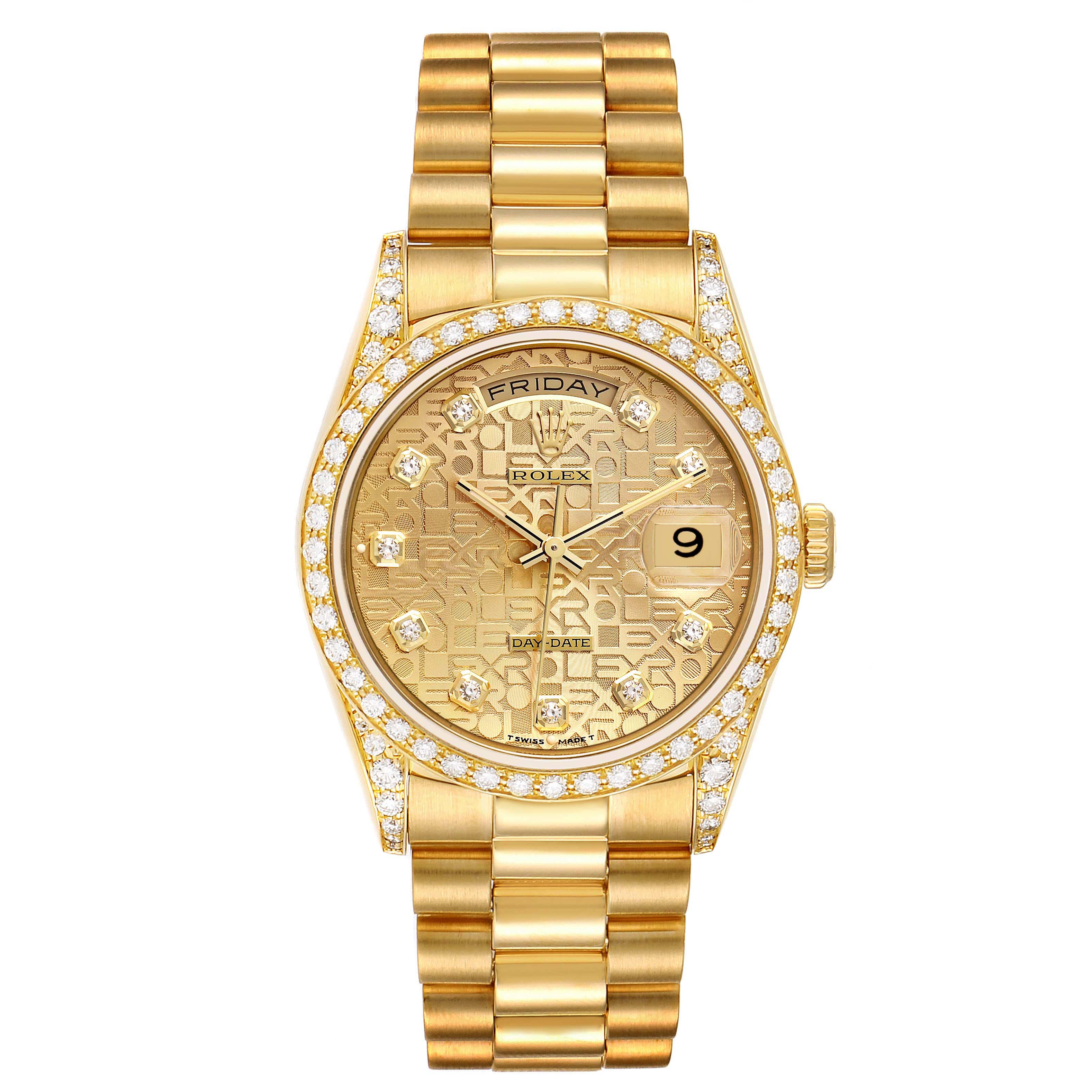 The image shows a front view of a Rolex President 18338 Men
s Yellow Gold Champagne Dial 18338 Men
s Yellow Gold Champagne Dial model watch, highlighting its golden dial, diamond indices, and bracelet.
