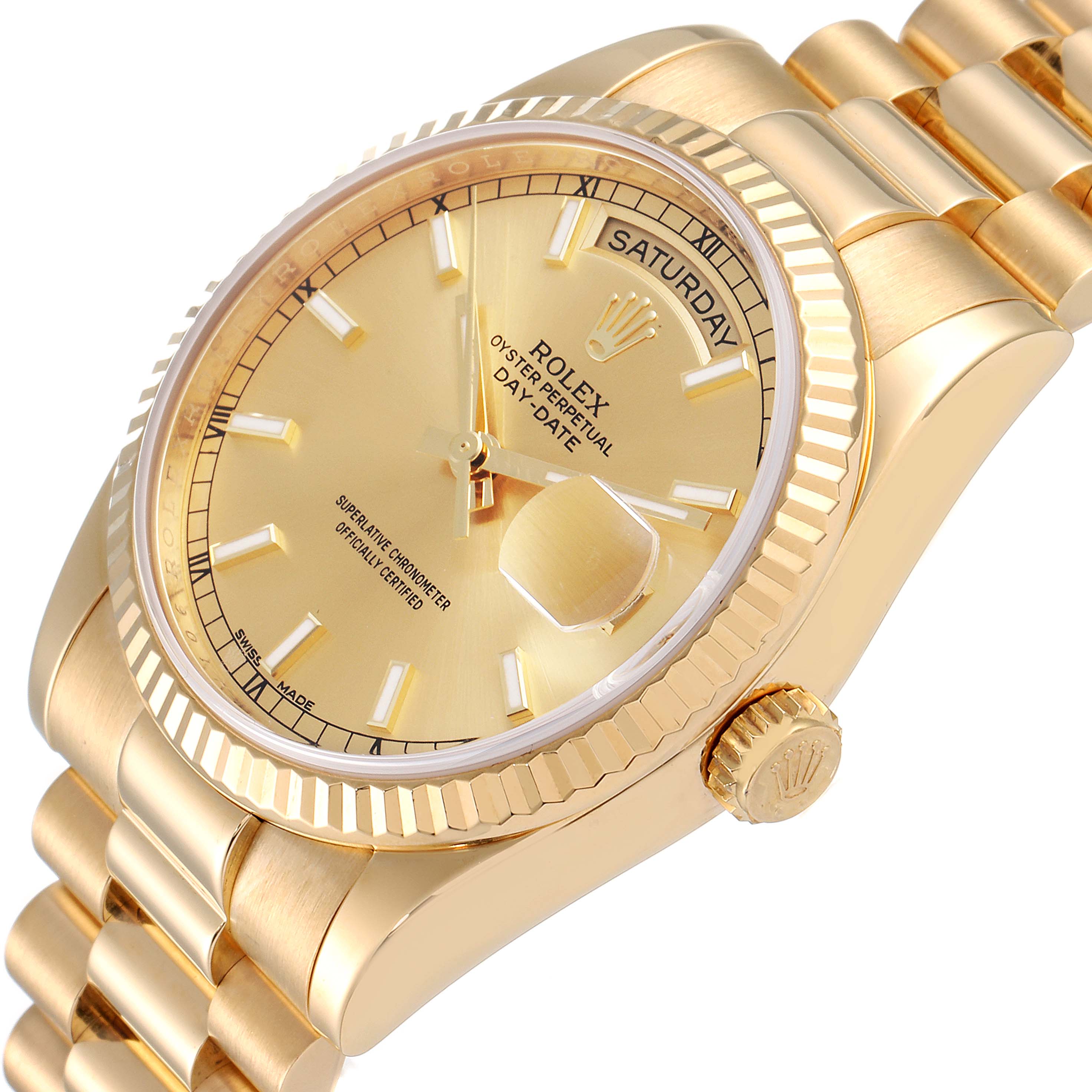 The image shows a close-up of the dial, bezel, crown, and part of the bracelet of the Rolex President 118238 Men's Yellow Gold Champagne Dial 118238 Men's Yellow Gold Champagne Dial model watch.