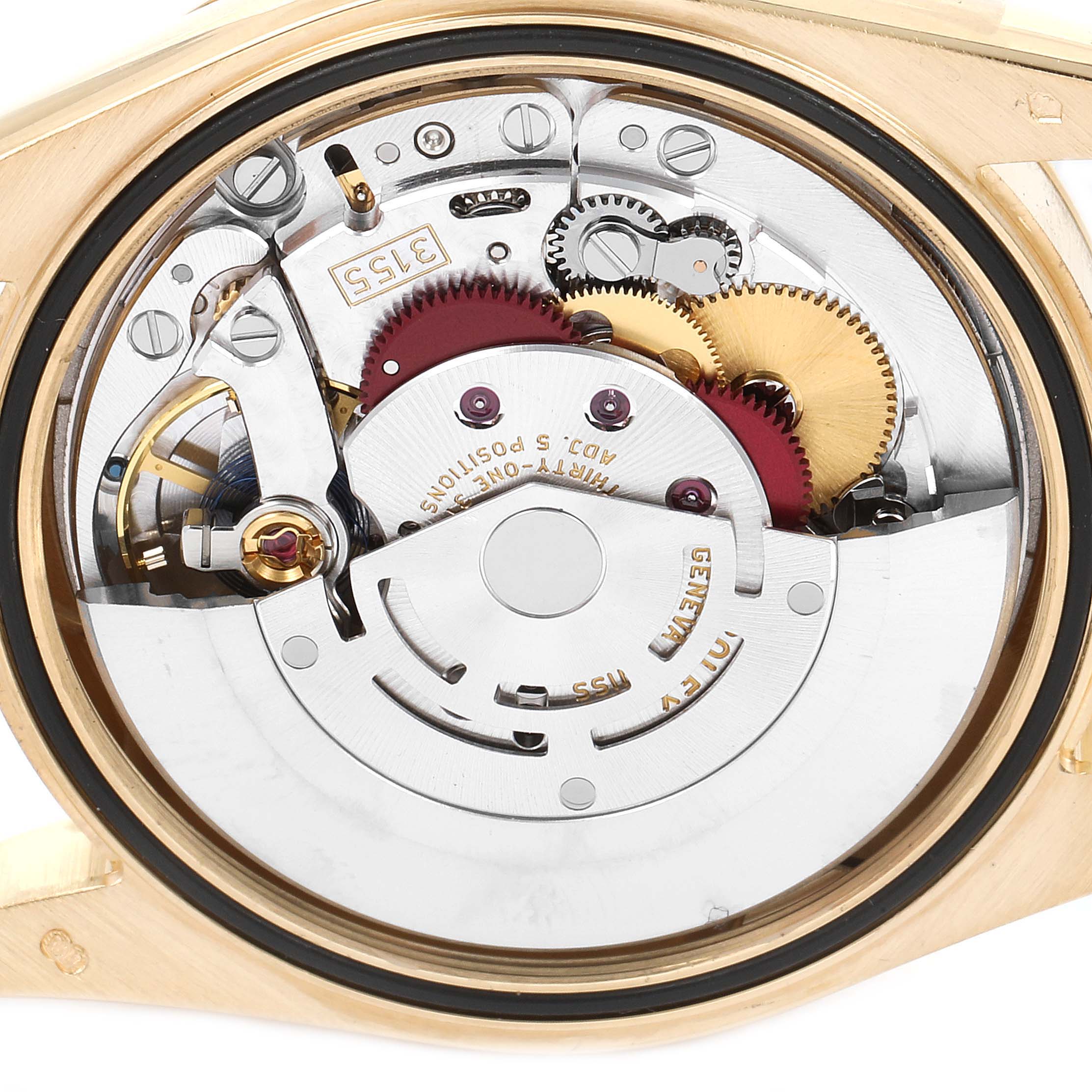 This image shows the internal movement mechanism of a Rolex President 118238 Men's Yellow Gold Champagne Dial 118238 Men's Yellow Gold Champagne Dial model watch, captured from the back.
