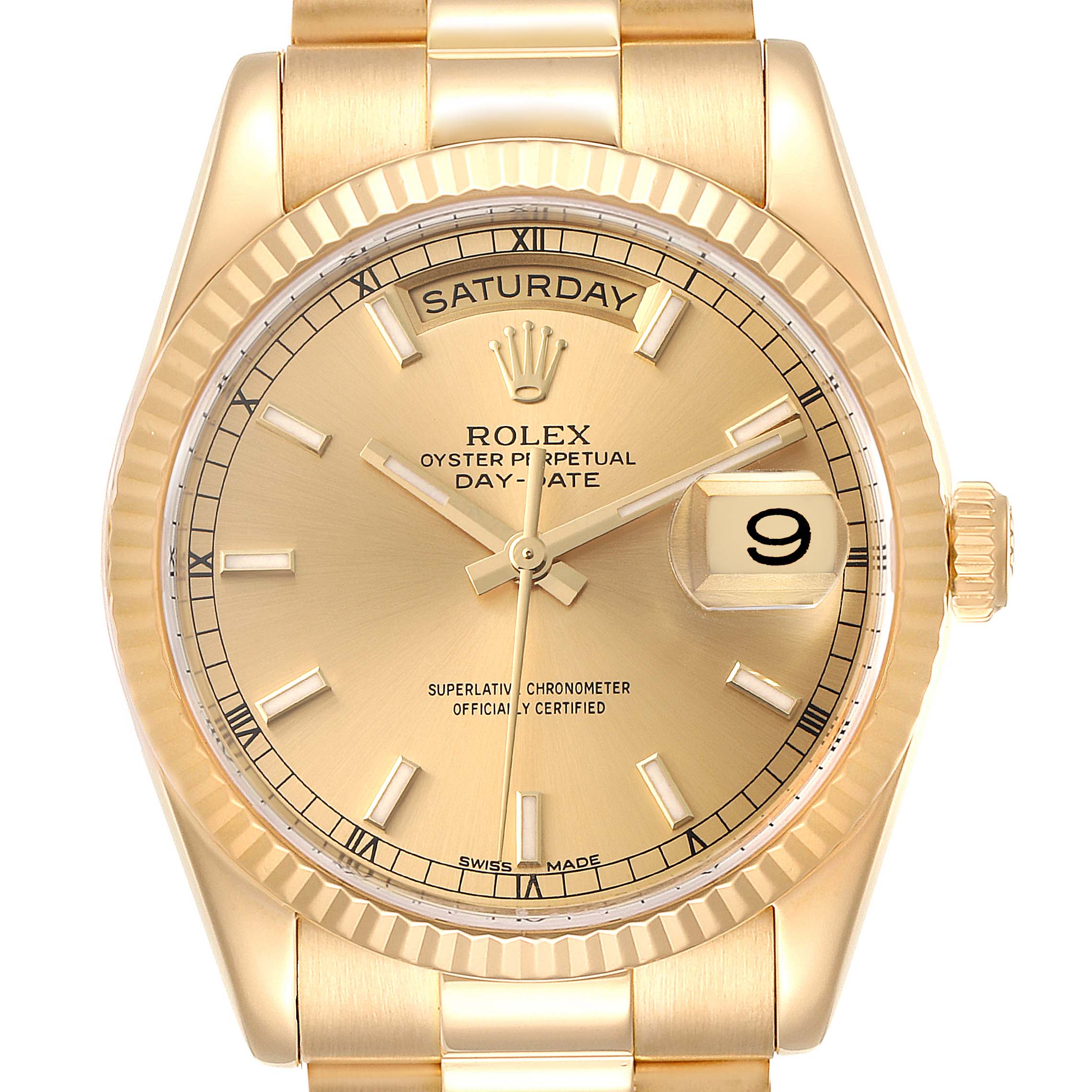 The image shows a close-up, front view of the dial and bezel of the Rolex President 118238 Men's Yellow Gold Champagne Dial 118238 Men's Yellow Gold Champagne Dial Day-Date model.