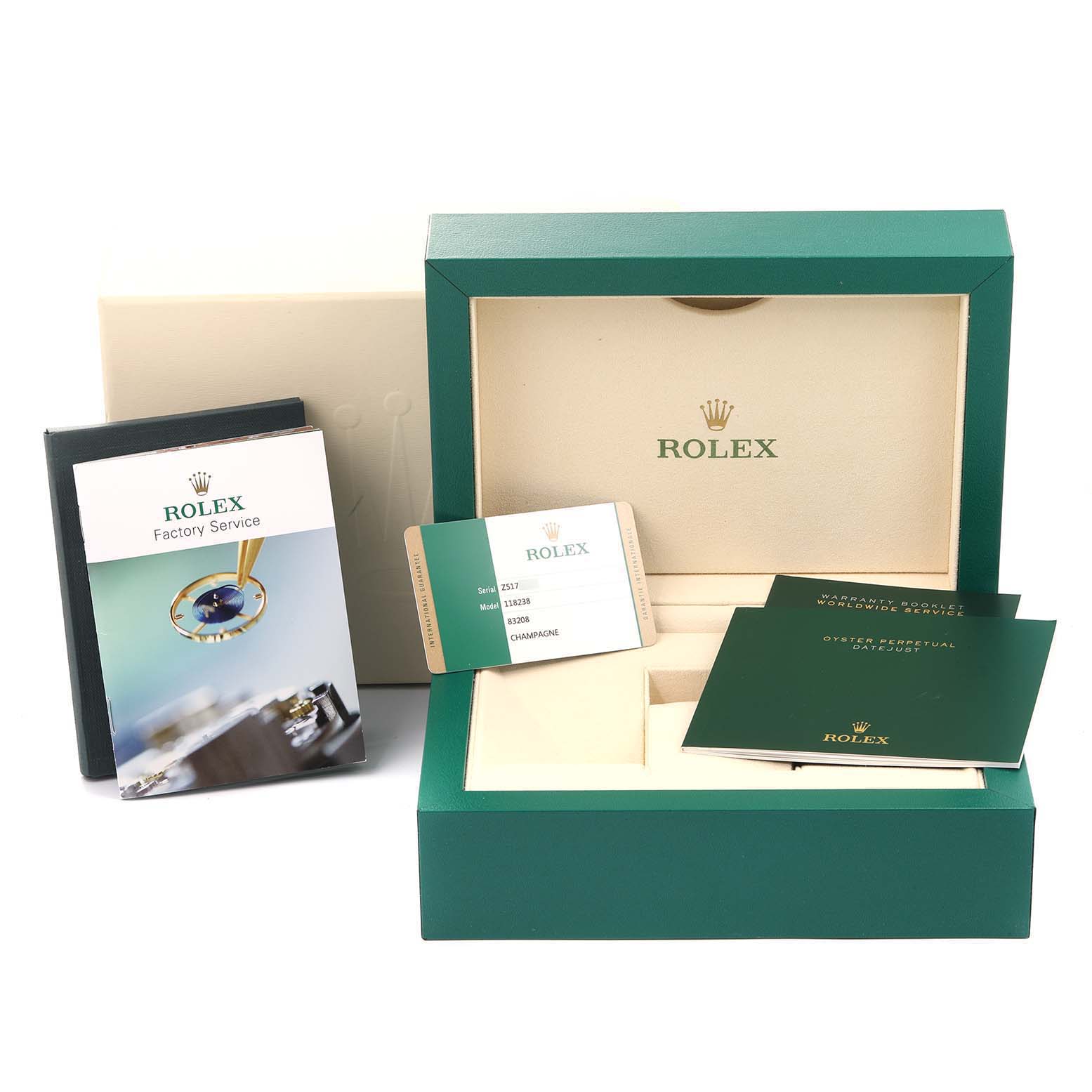 The image shows the packaging and documents included with the Rolex President 118238 Men's Yellow Gold Champagne Dial 118238 Men's Yellow Gold Champagne Dial model watch, including a box, warranty card, and manuals.