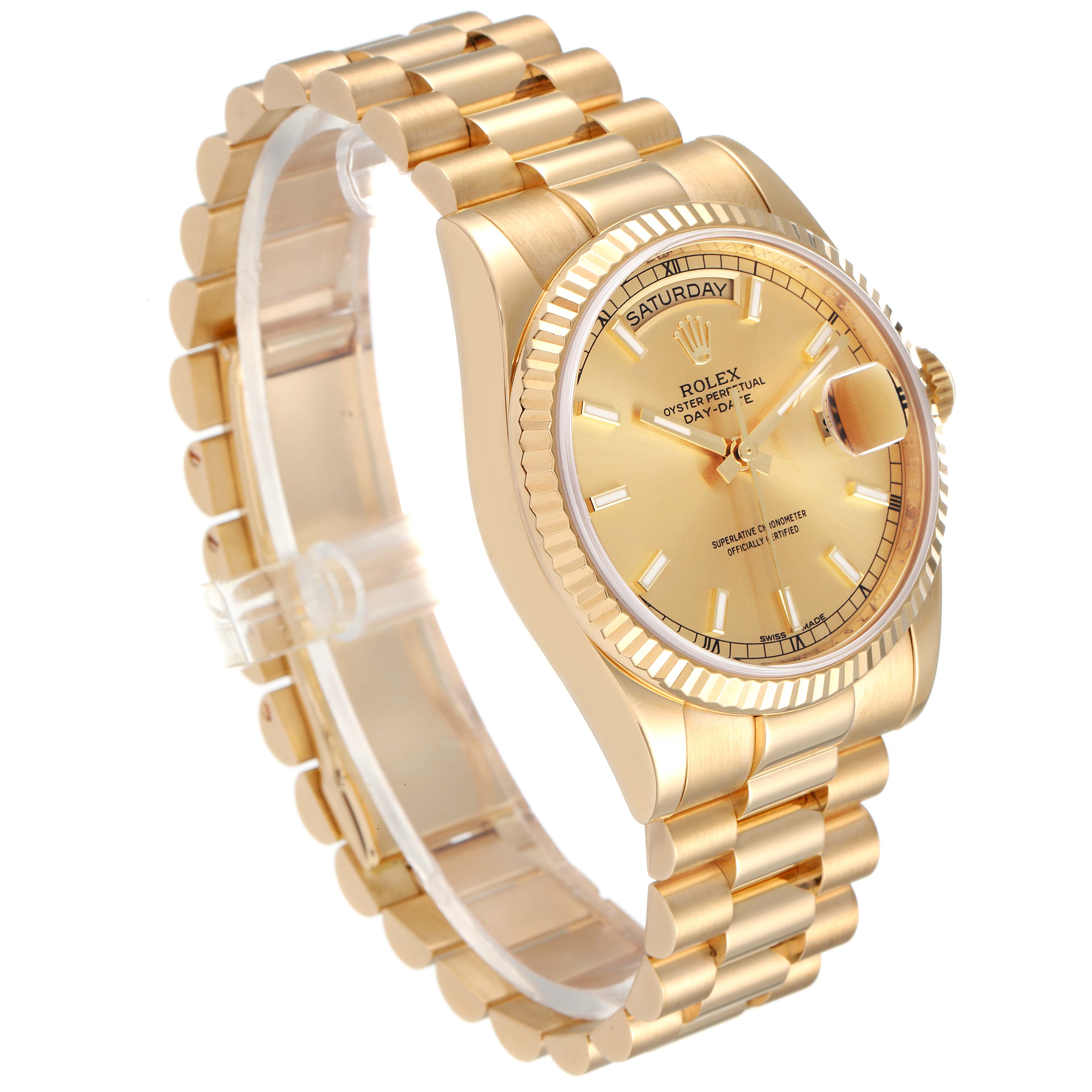 The Rolex President 118238 Men's Yellow Gold Champagne Dial 118238 Men's Yellow Gold Champagne Dial model watch is shown at a three-quarter angle, displaying the band, face, and part of the bezel.