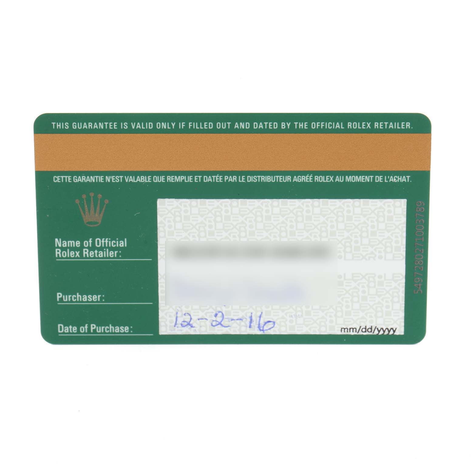 This image shows the guarantee card for a Rolex President 118238 Men's Yellow Gold Champagne Dial 118238 Men's Yellow Gold Champagne Dial model watch, listing the retailer, purchaser, and date of purchase.