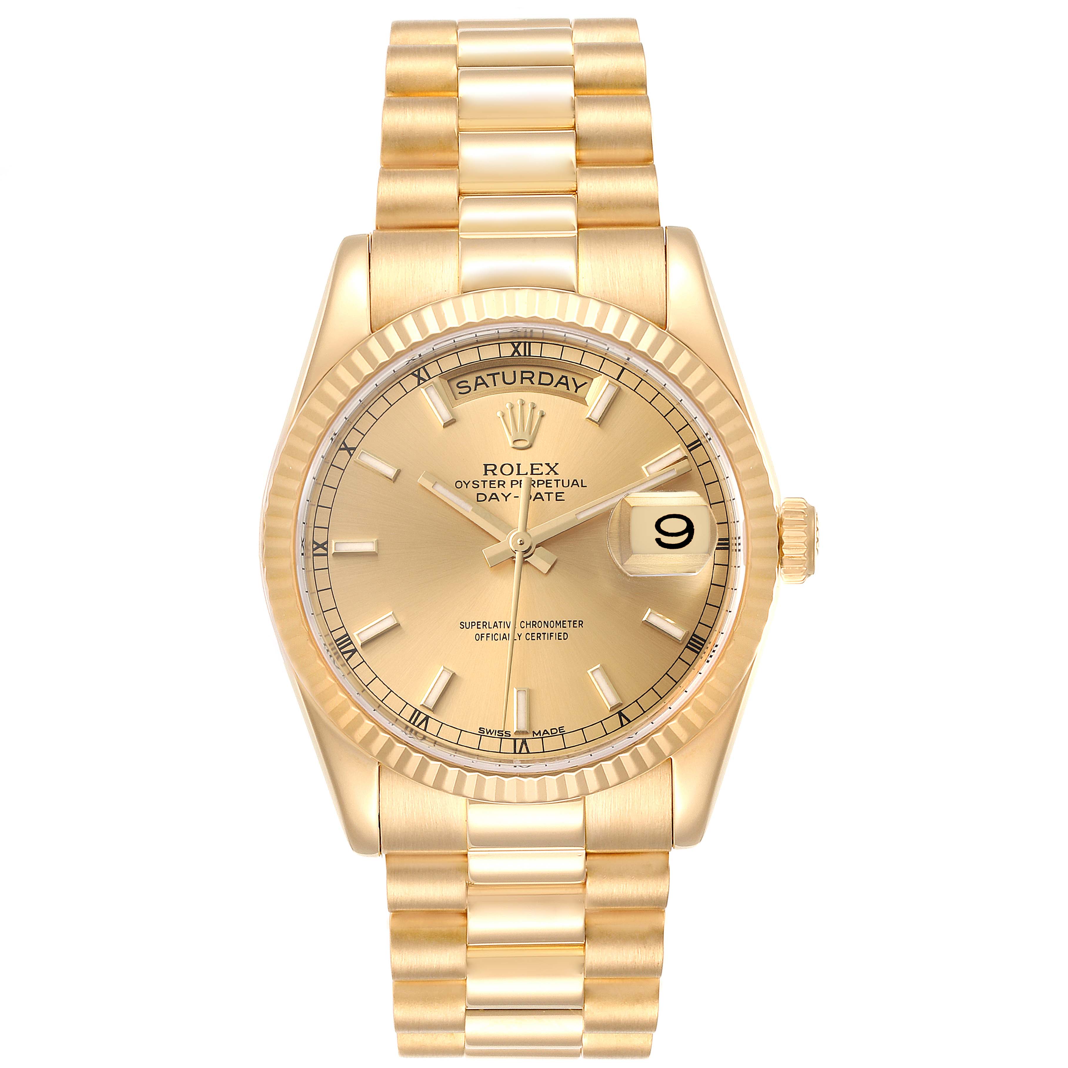 This image features a front view of the Rolex President 118238 Men's Yellow Gold Champagne Dial 118238 Men's Yellow Gold Champagne Dial Day-Date watch showcasing its dial, bezel, bracelet, and crown.