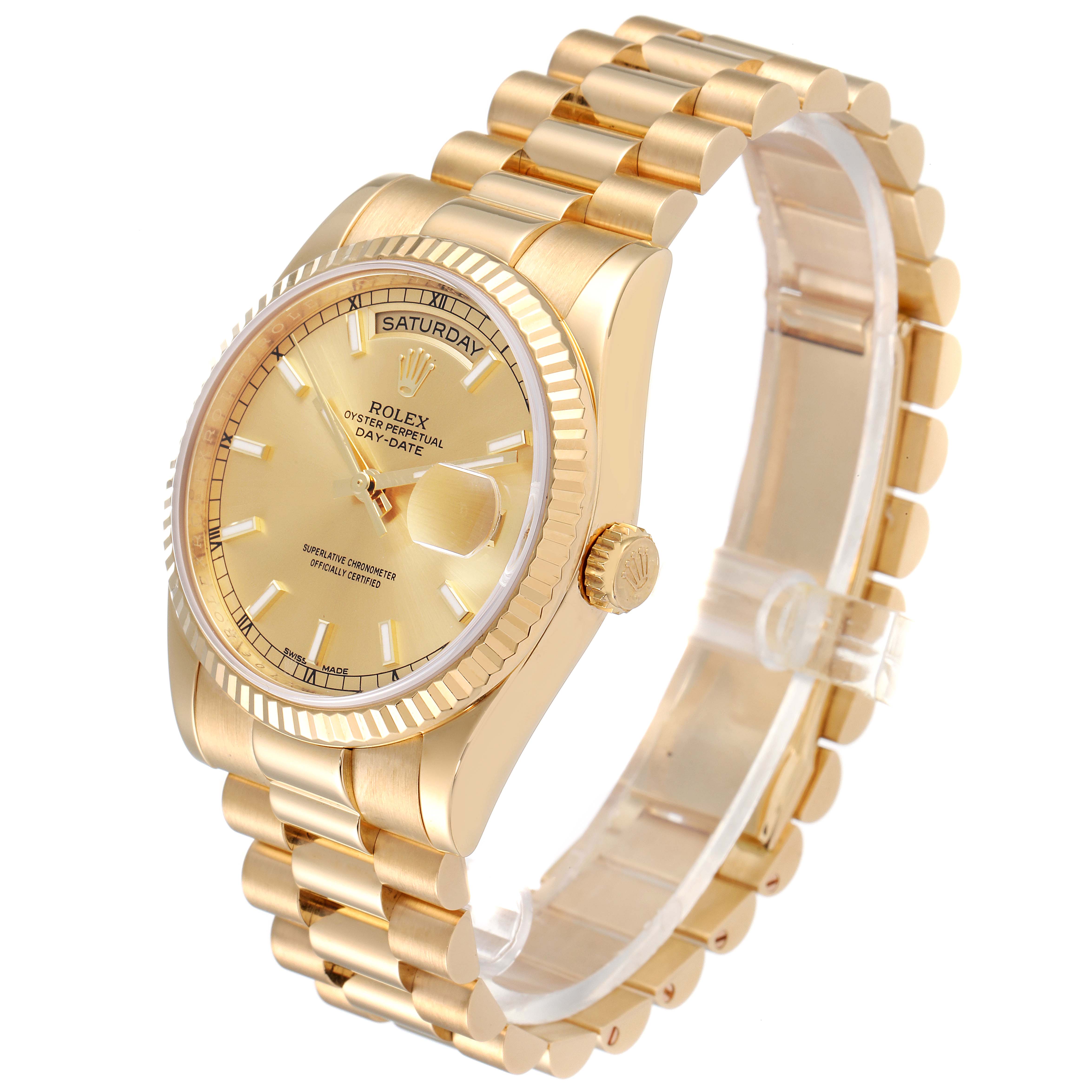 The image shows a Rolex President 118238 Men's Yellow Gold Champagne Dial 118238 Men's Yellow Gold Champagne Dial model watch at a three-quarter angle, highlighting the watch face, case, and bracelet.