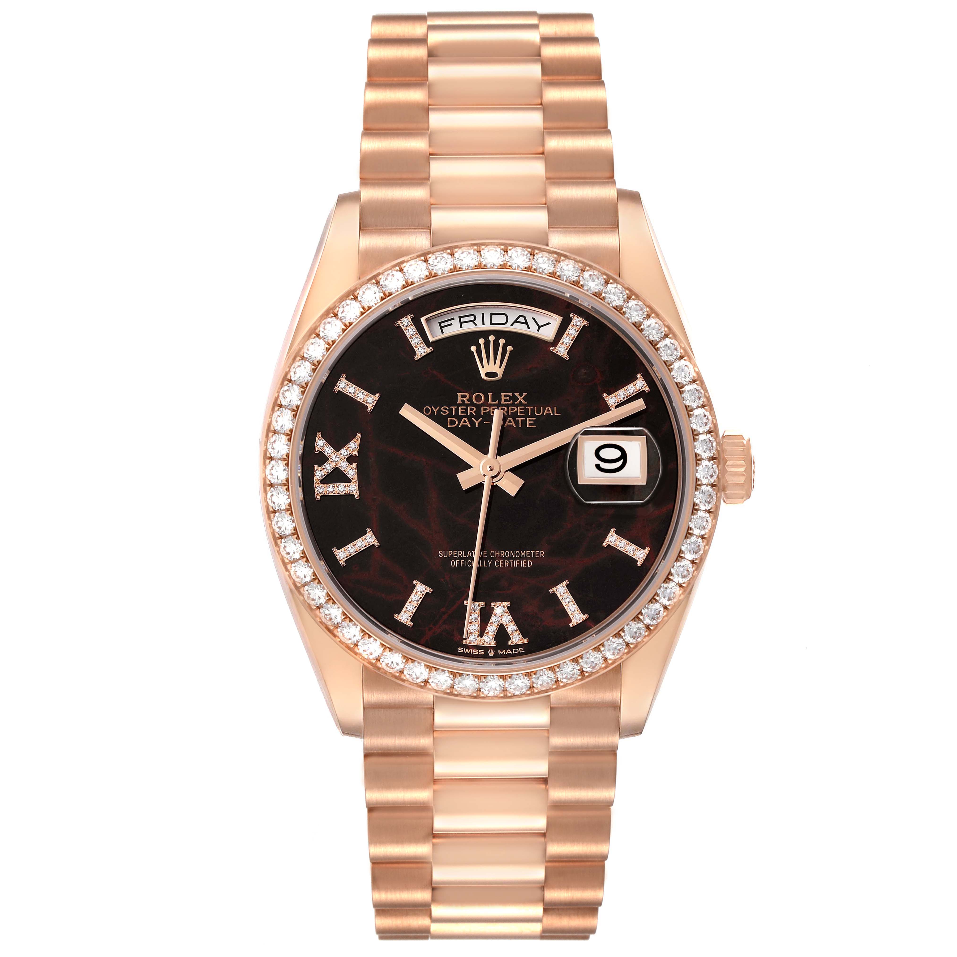 The Rolex President 128345RBR Men's Rose Gold Brown Dial 128345RBR Men's Rose Gold Brown Dial model watch is shown from the front, displaying the face, bracelet, and crown.