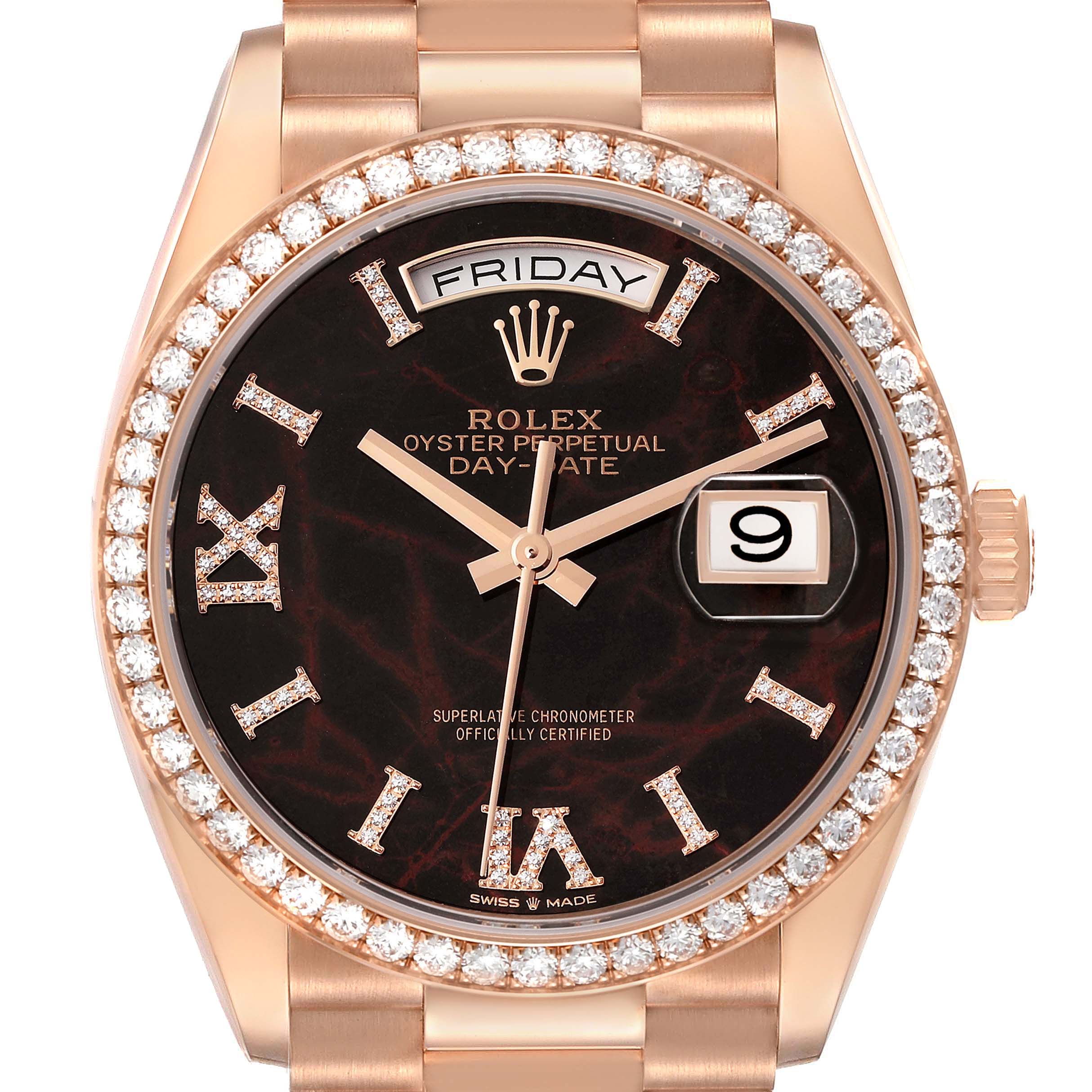 This image shows the front of a Rolex President 128345RBR Men's Rose Gold Brown Dial 128345RBR Men's Rose Gold Brown Dial model watch, featuring its face, bezel, dial, hands, and crown.