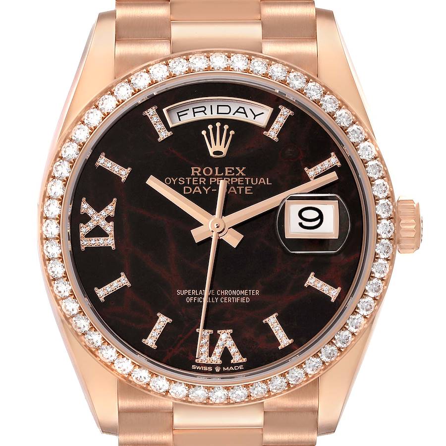 Rolex President Day Date Rose Gold Eisenkiesel Dial Diamond Mens Watch 128345 Unworn SwissWatchExpo