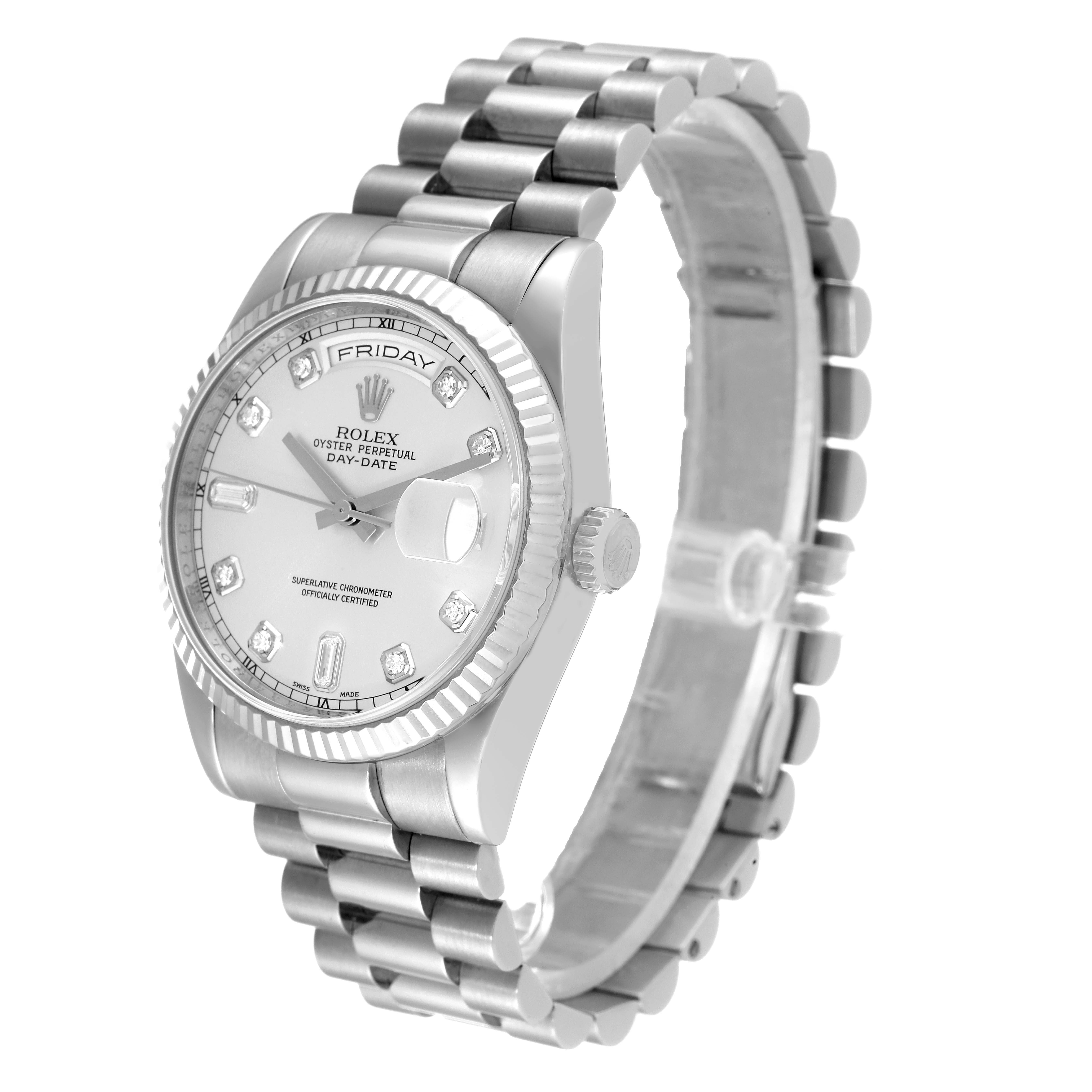 The image shows a Rolex President 118239 Men's White Gold Silver Dial 118239 Men's White Gold Silver Dial model watch from a three-quarter angle, highlighting the face, dial, crown, and band.