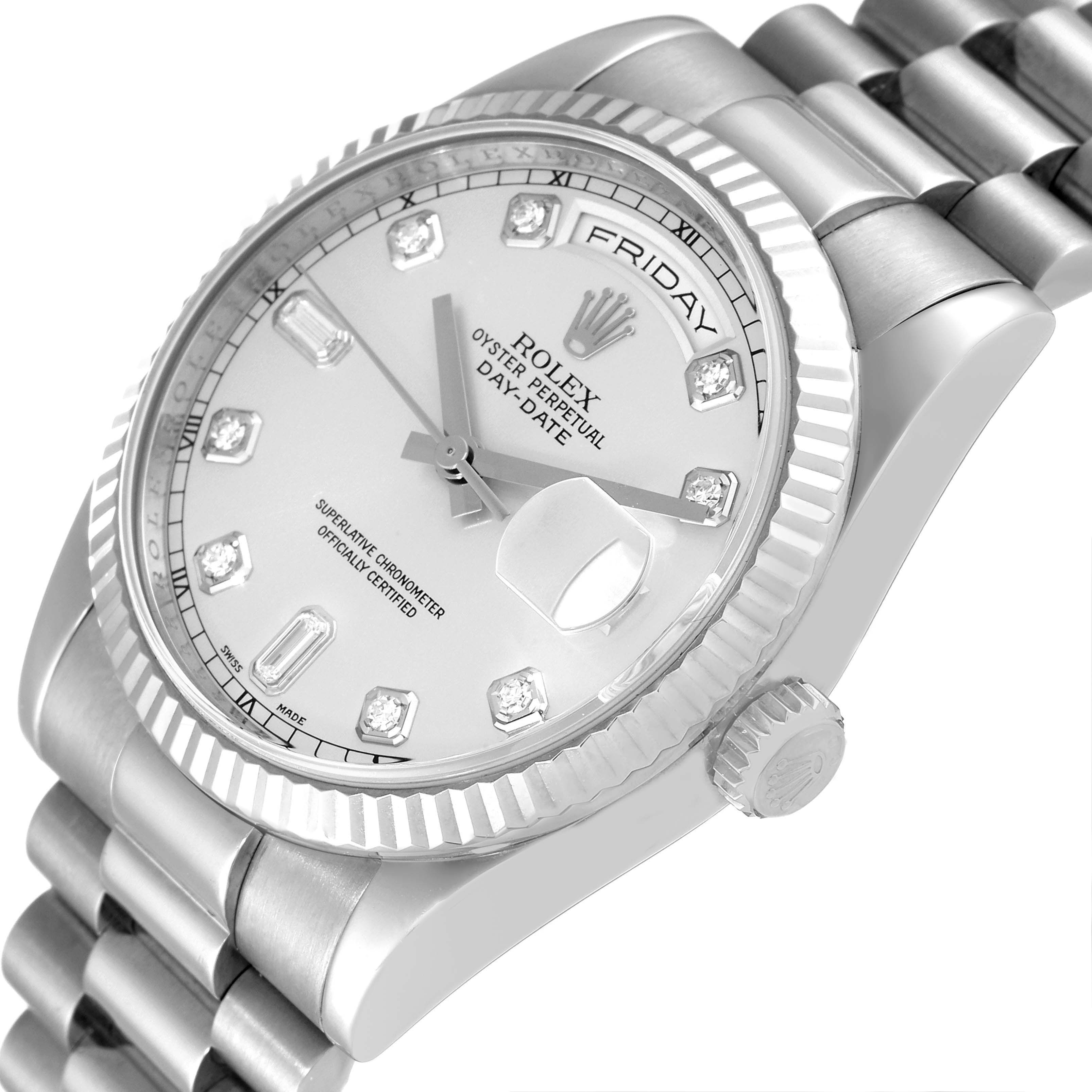 The image shows a Rolex President 118239 Men's White Gold Silver Dial 118239 Men's White Gold Silver Dial model watch from a three-quarter angle, highlighting the dial, fluted bezel, and part of the bracelet.
