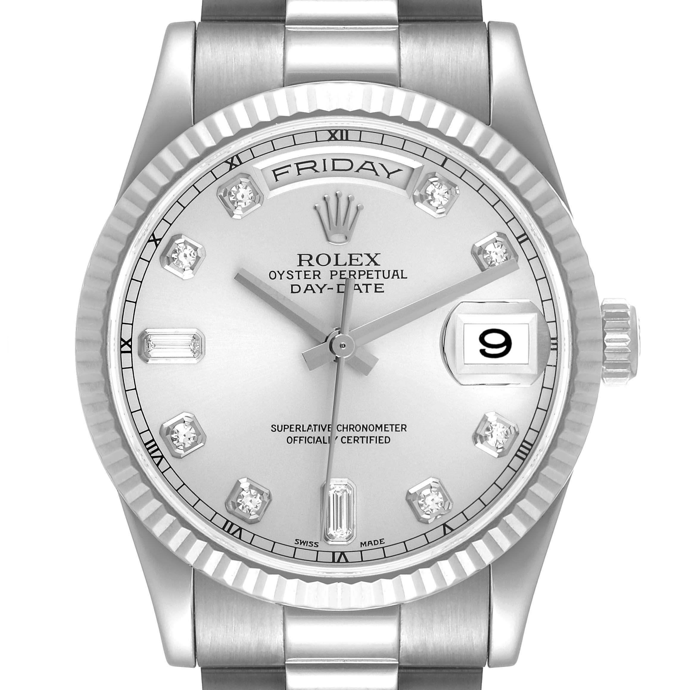 This image shows a front view of the Rolex President 118239 Men's White Gold Silver Dial 118239 Men's White Gold Silver Dial model watch, highlighting its dial, day-date display, and crown.