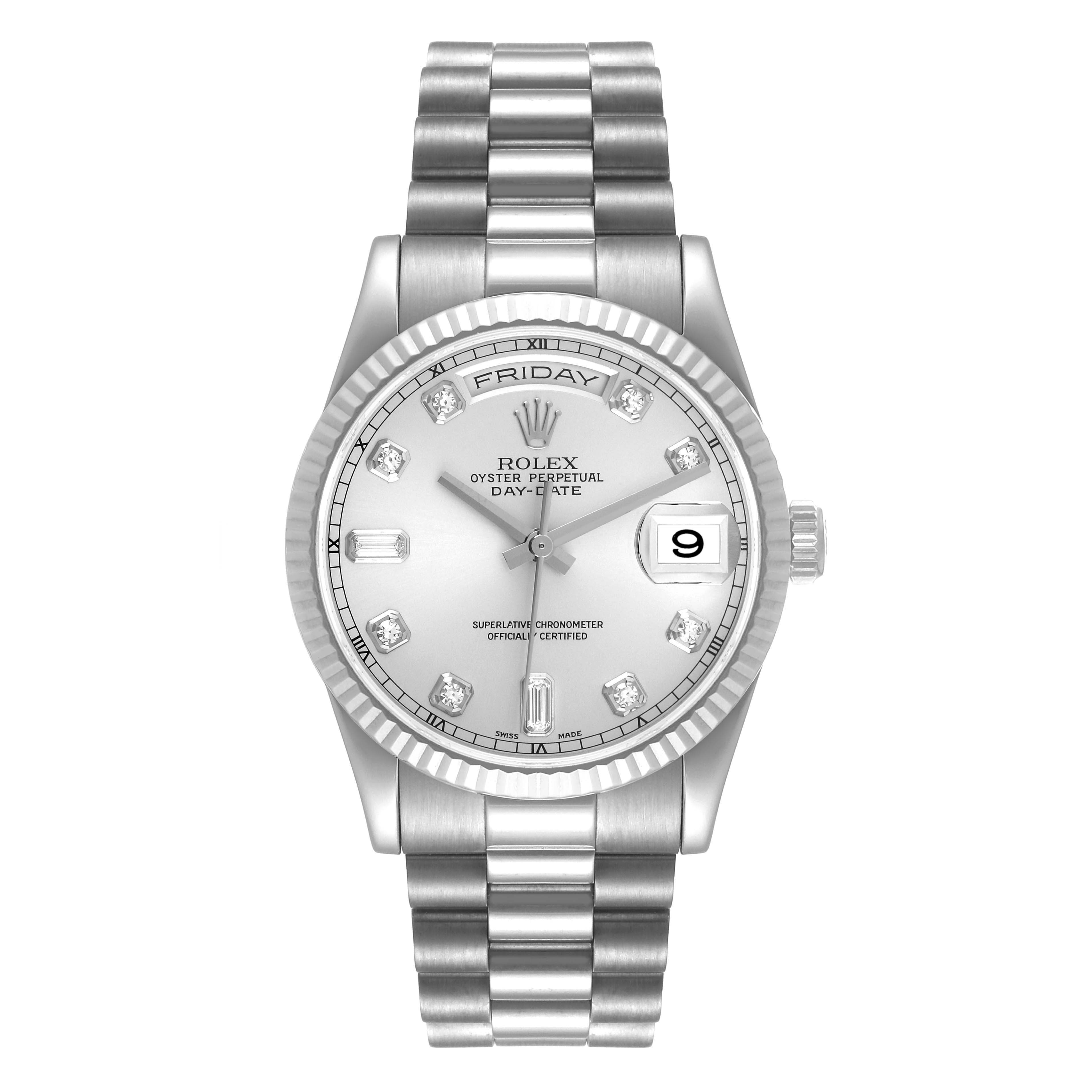The Rolex President 118239 Men's White Gold Silver Dial 118239 Men's White Gold Silver Dial model watch is shown from a top-down angle, displaying the face, bracelet, and crown.