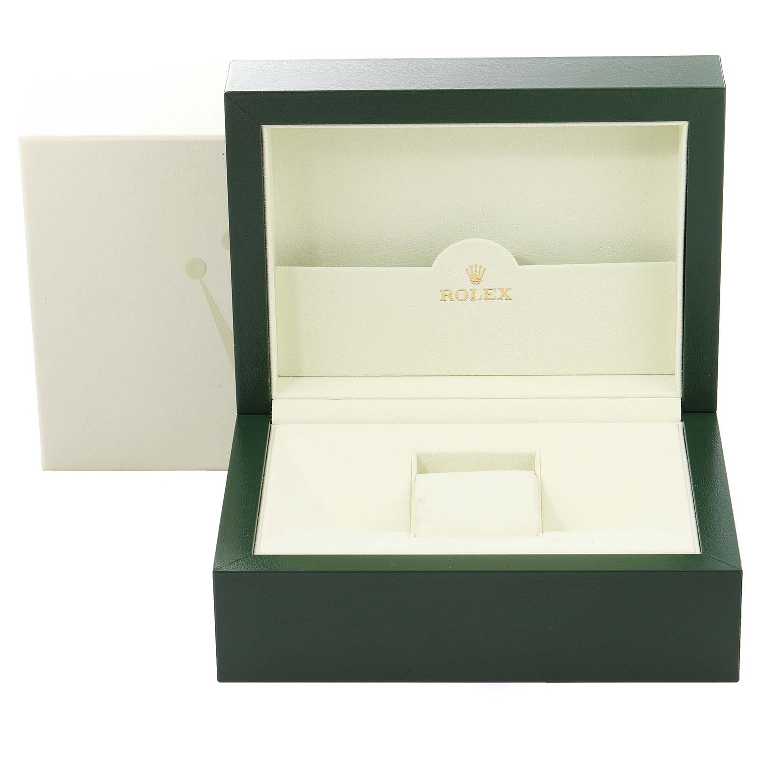 The image shows an empty Rolex watch box for the President model, viewed from the front.
