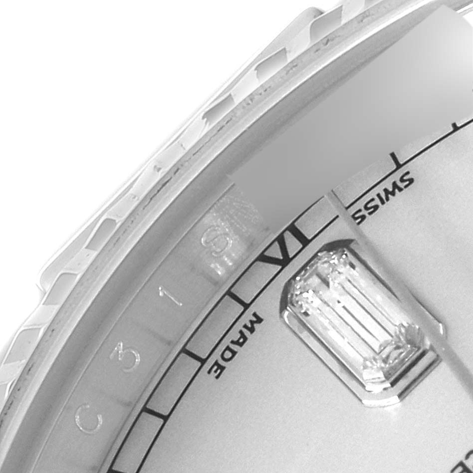 The image shows a close-up angle of a portion of the dial and bezel of a Rolex President 118239 Men's White Gold Silver Dial 118239 Men's White Gold Silver Dial model watch.