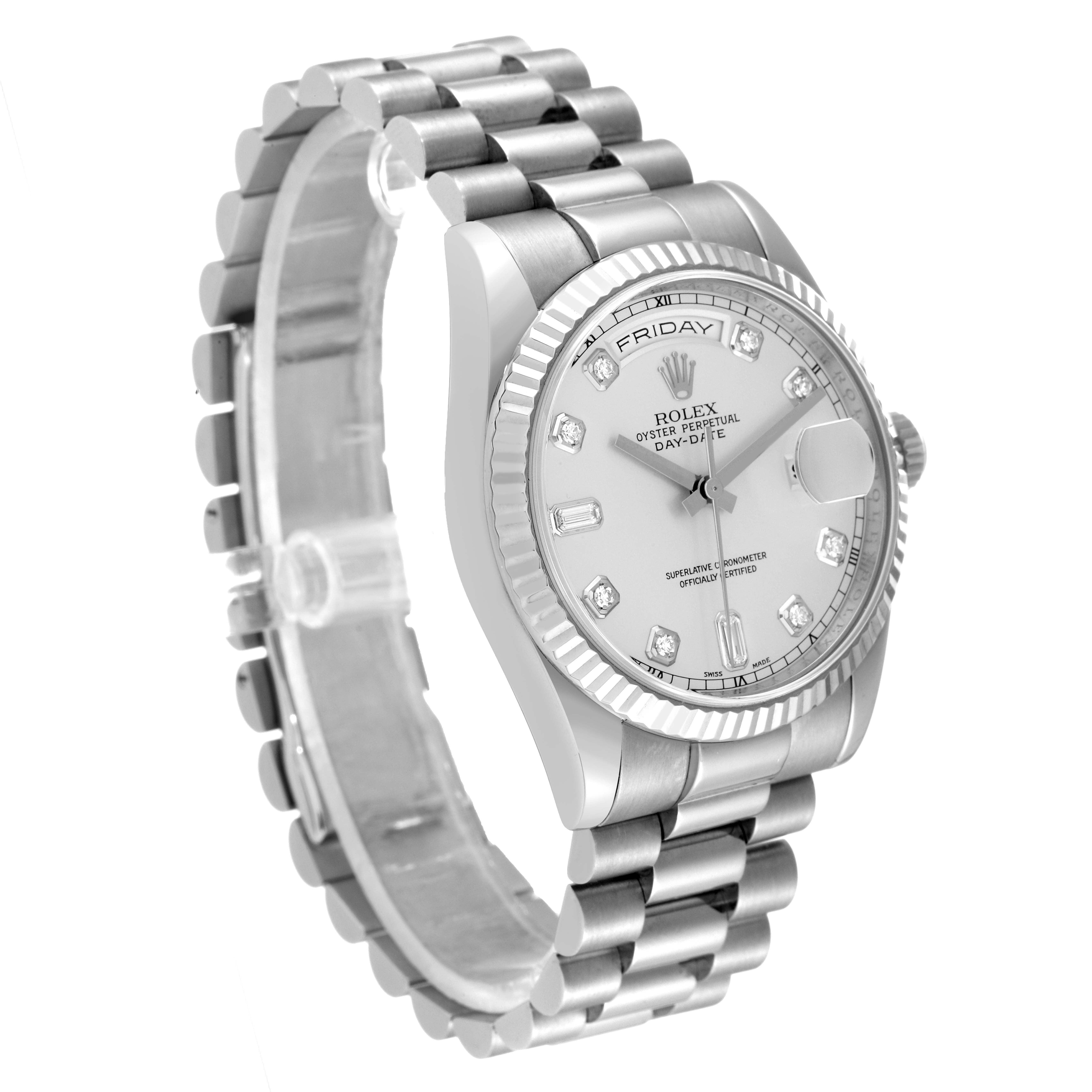 This image shows a Rolex President 118239 Men's White Gold Silver Dial 118239 Men's White Gold Silver Dial model watch at an angled view, displaying the face, dial, bezel, and bracelet.