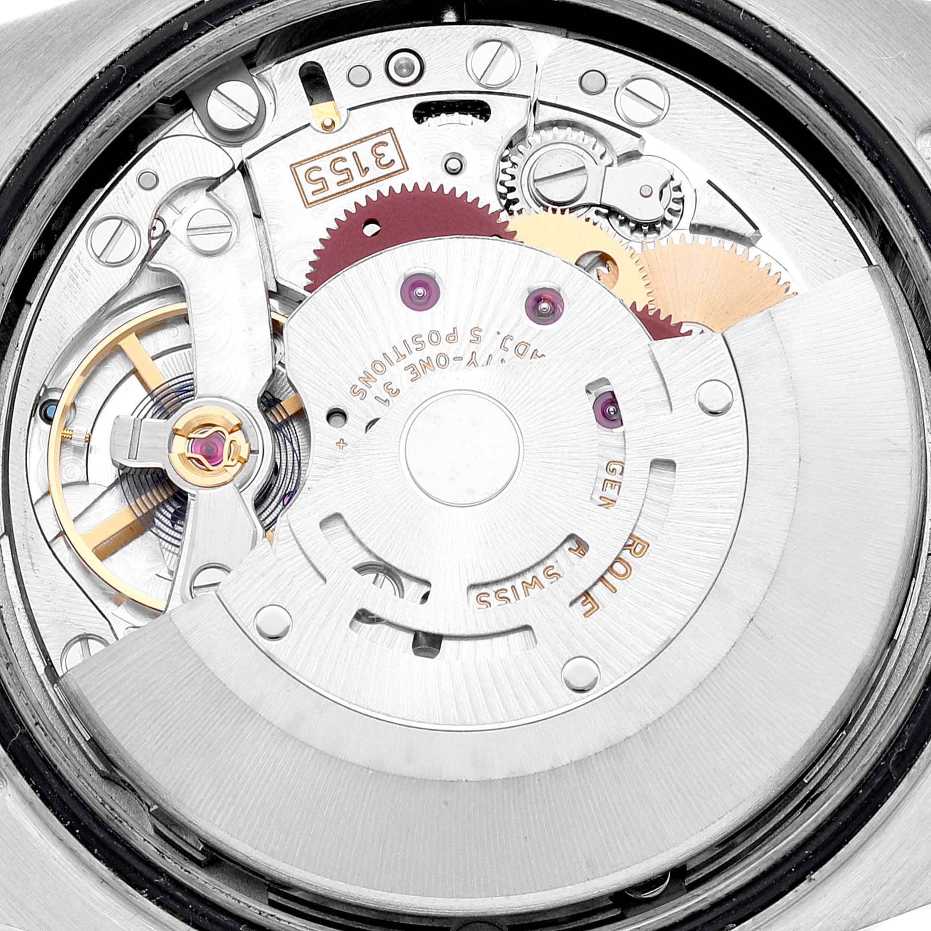 This is a close-up view of the internal mechanism of a Rolex President 118239 Men's White Gold Silver Dial 118239 Men's White Gold Silver Dial model watch, showing gears and movement components.
