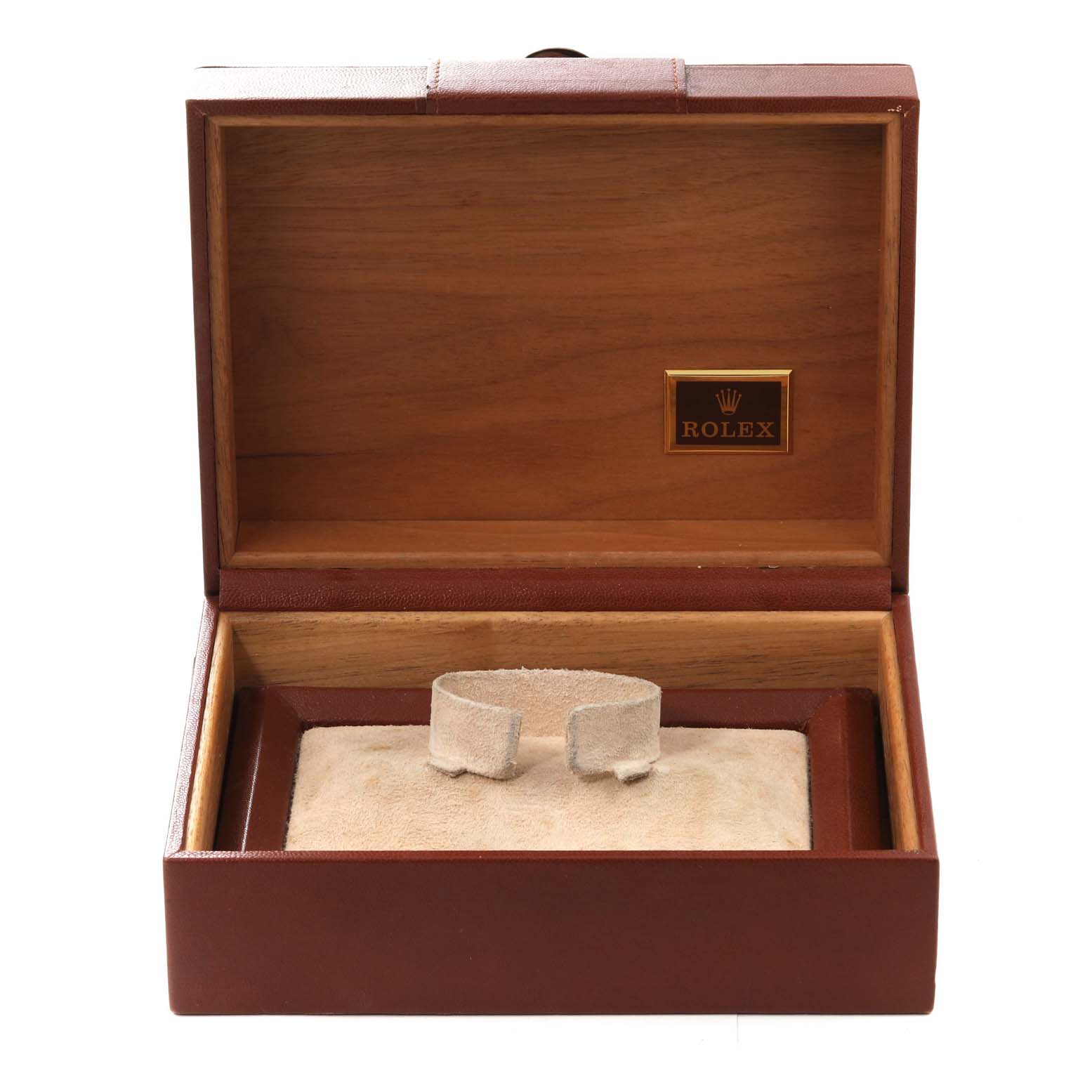 The image shows the open box of a Rolex President 18238 Men's Yellow Gold Black Dial 18238 Men's Yellow Gold Black Dial model watch, with the interior holder and Rolex logo visible.