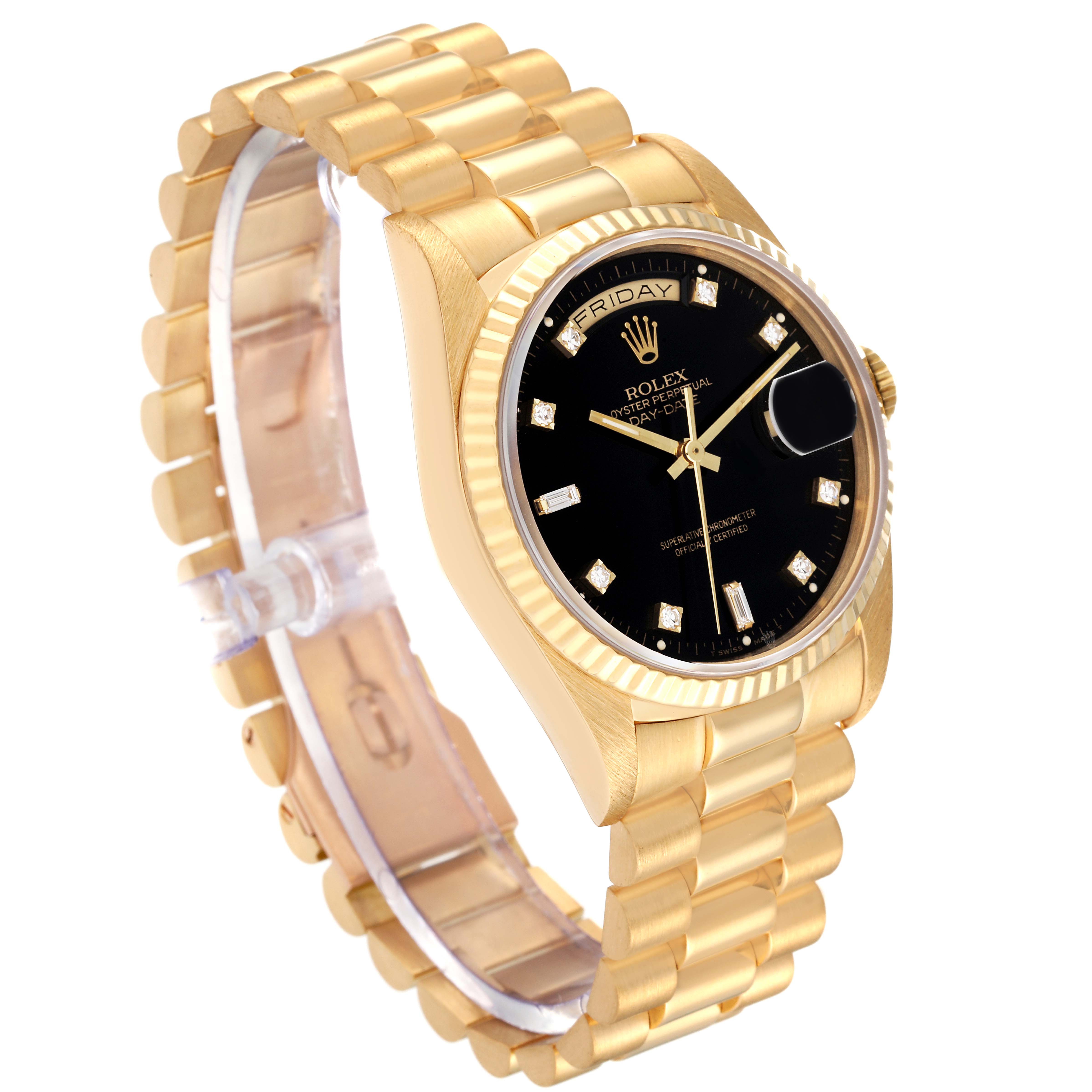 The image shows a Rolex President 18238 Men's Yellow Gold Black Dial 18238 Men's Yellow Gold Black Dial model watch at an angle highlighting the face, bezel, and bracelet.