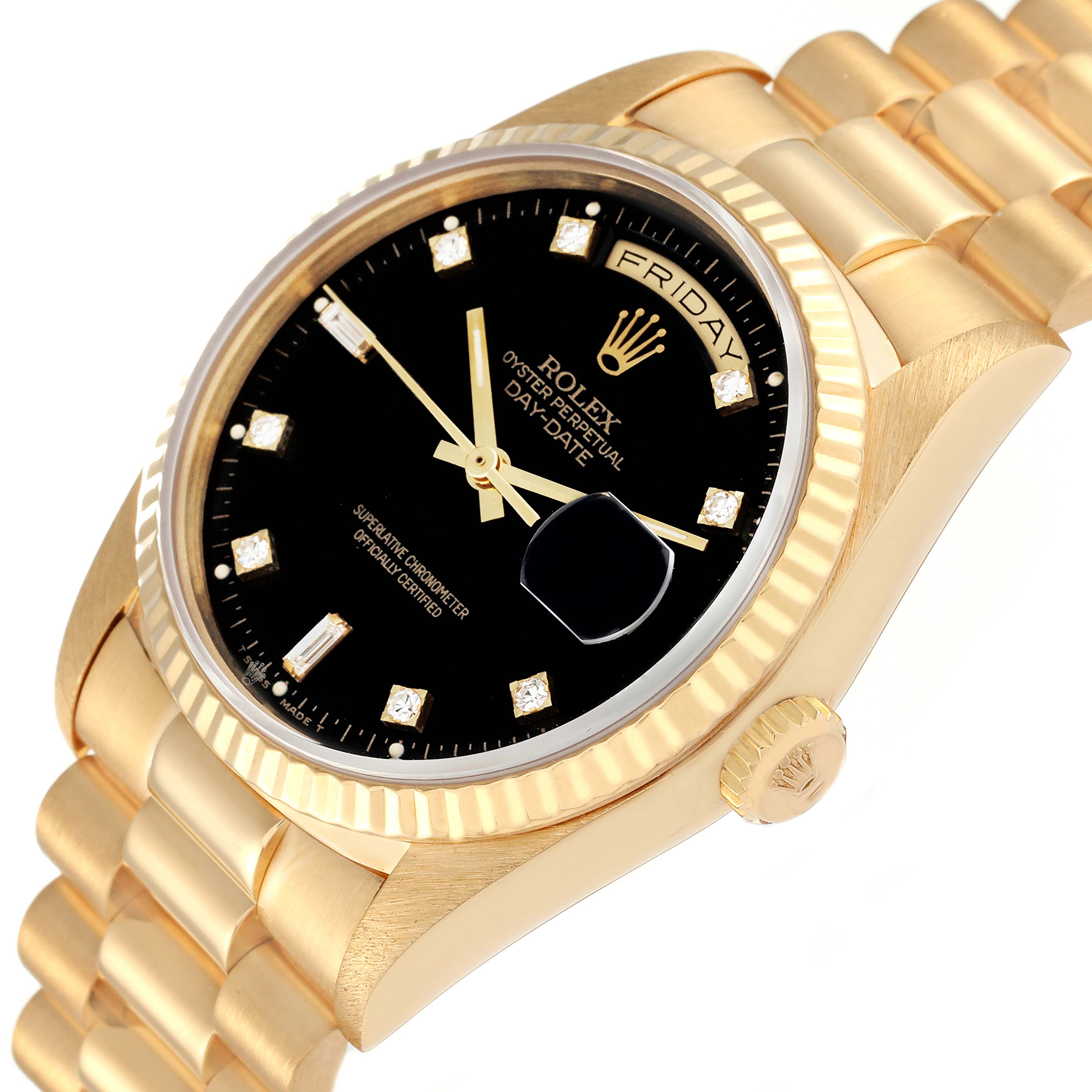 Rolex President Day-Date Yellow Gold Black Diamond Dial Mens Watch ...