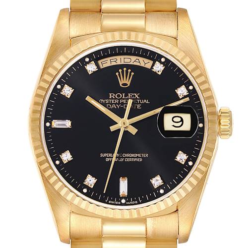 Photo of Rolex President Day-Date Yellow Gold Black Diamond Dial Mens Watch 18238