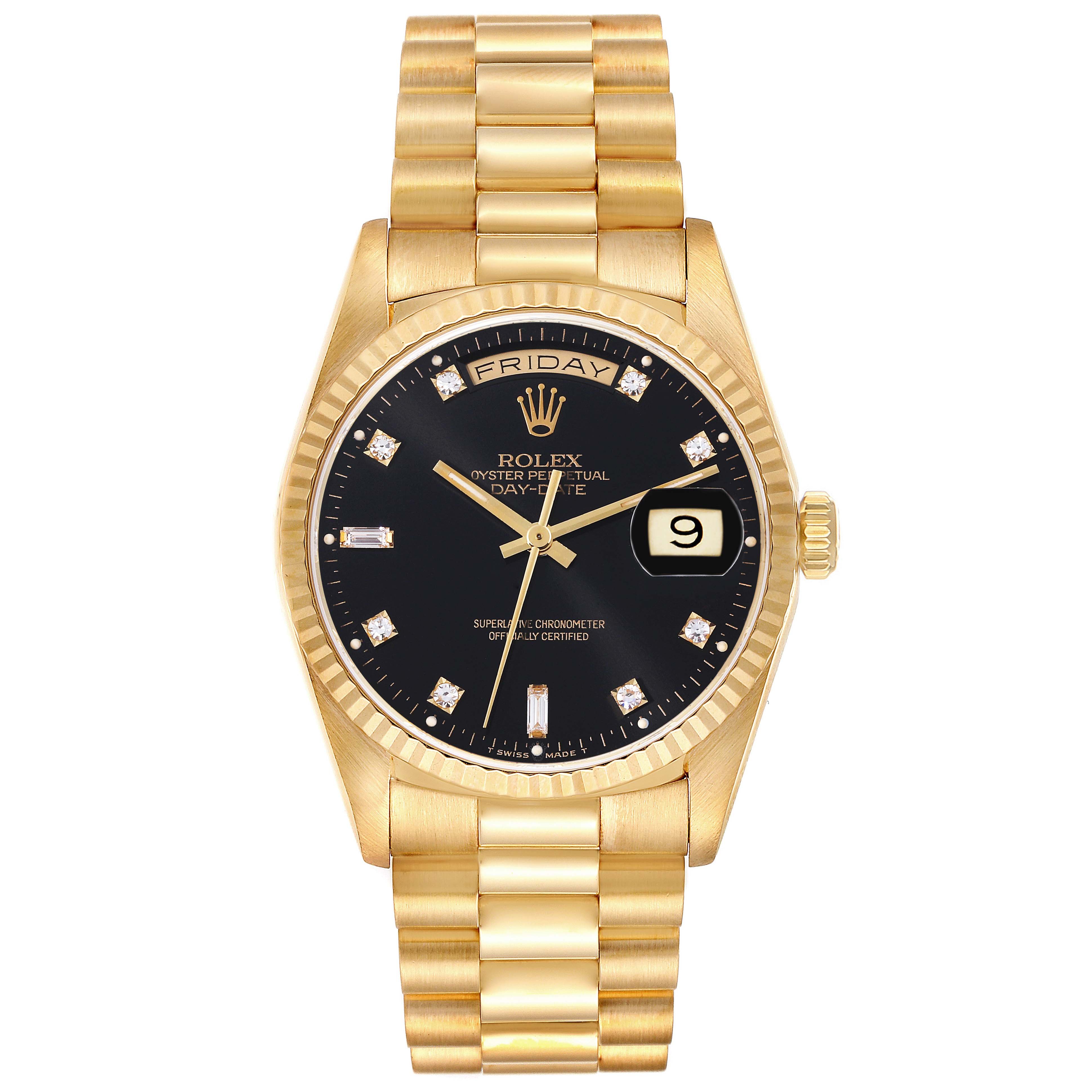 This is a front view of the Rolex President 18238 Men's Yellow Gold Black Dial 18238 Men's Yellow Gold Black Dial model watch, showing the bracelet, dial, hands, day, and date features.