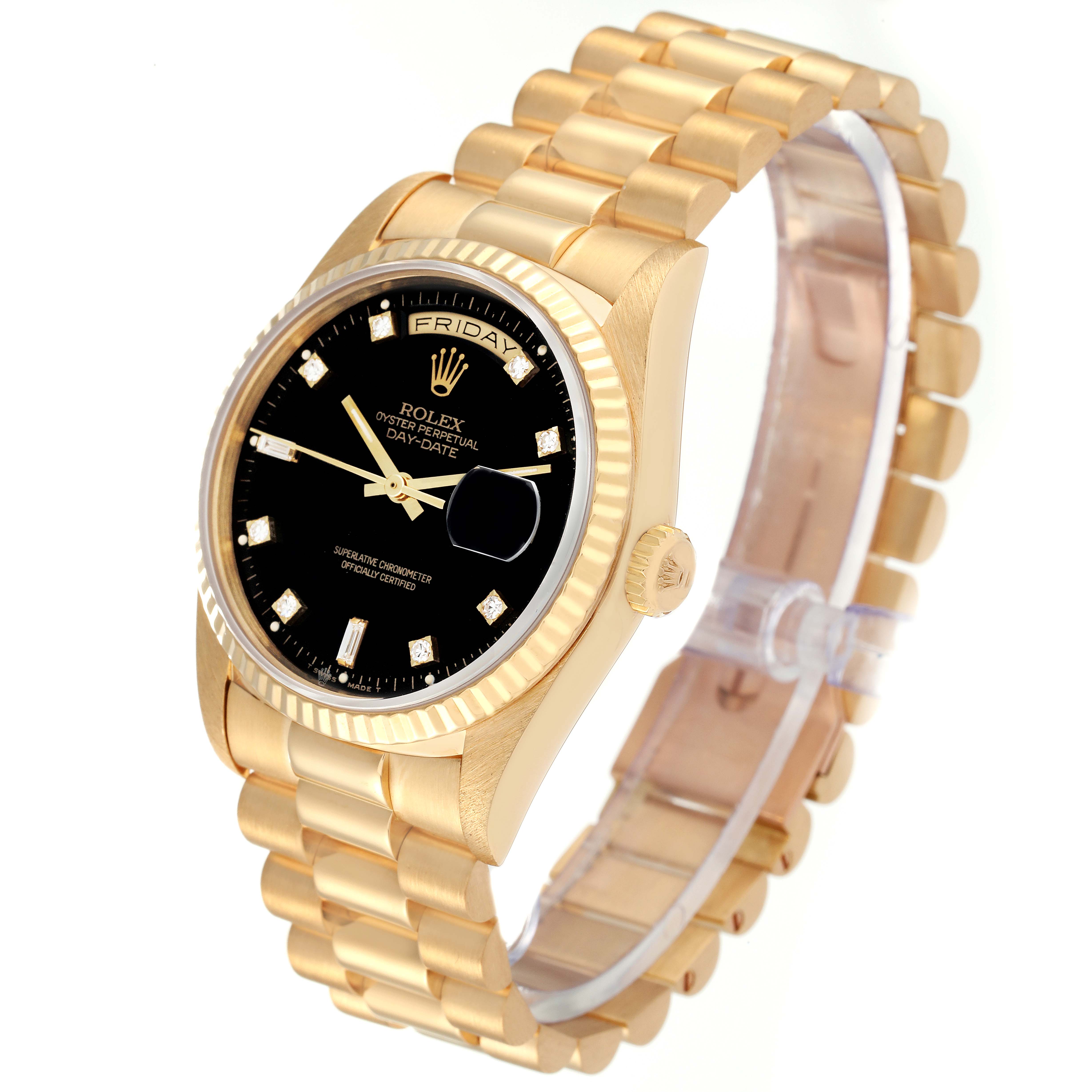 The Rolex President 18238 Men's Yellow Gold Black Dial 18238 Men's Yellow Gold Black Dial model watch is shown at a three-quarter angle, highlighting the gold bracelet, black dial, and day-date feature.