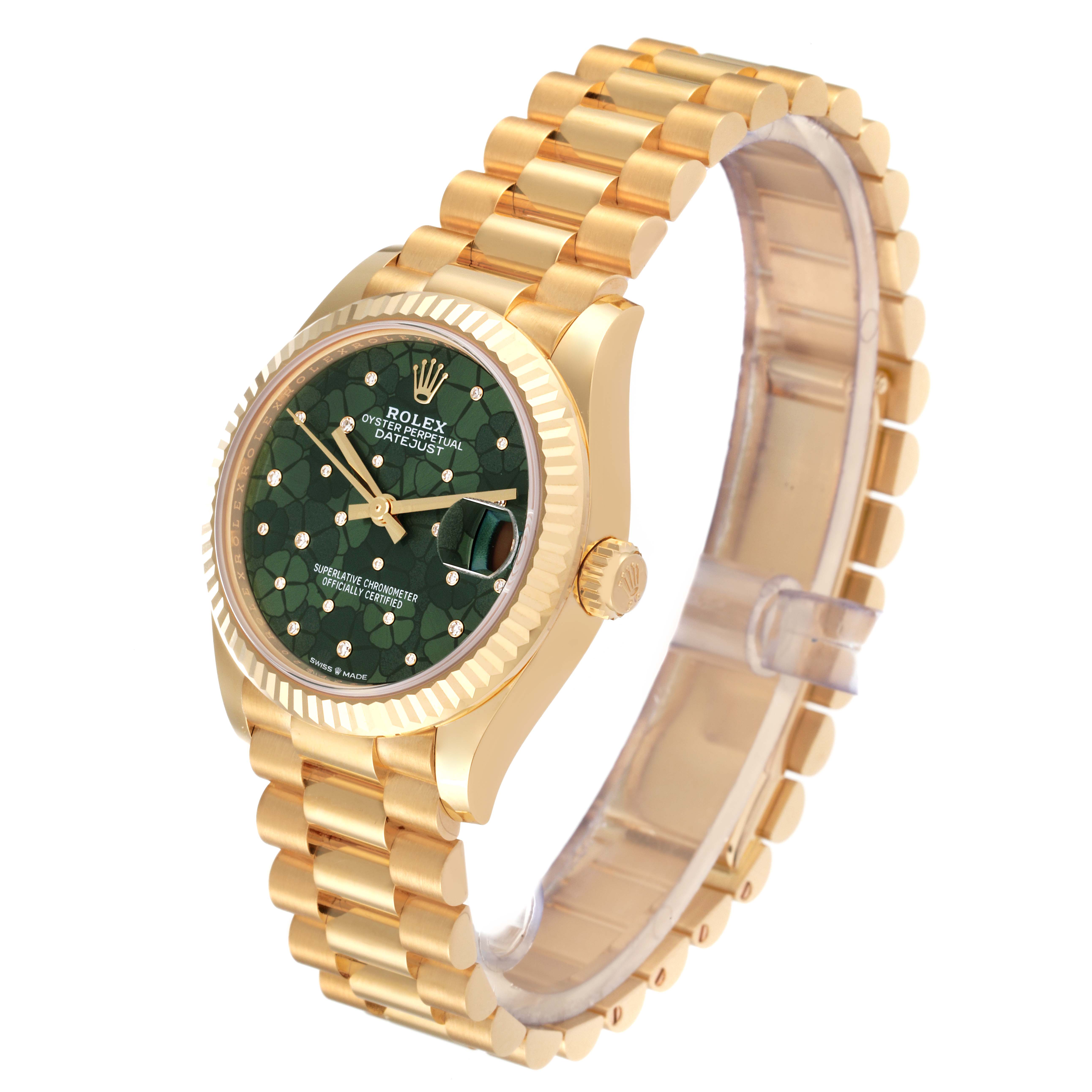 This image shows a side angle of the Rolex President 278278 Women
s Yellow Gold Green Dial 278278 Women
s Yellow Gold Green Dial model watch, highlighting its band, dial, crown, and case.