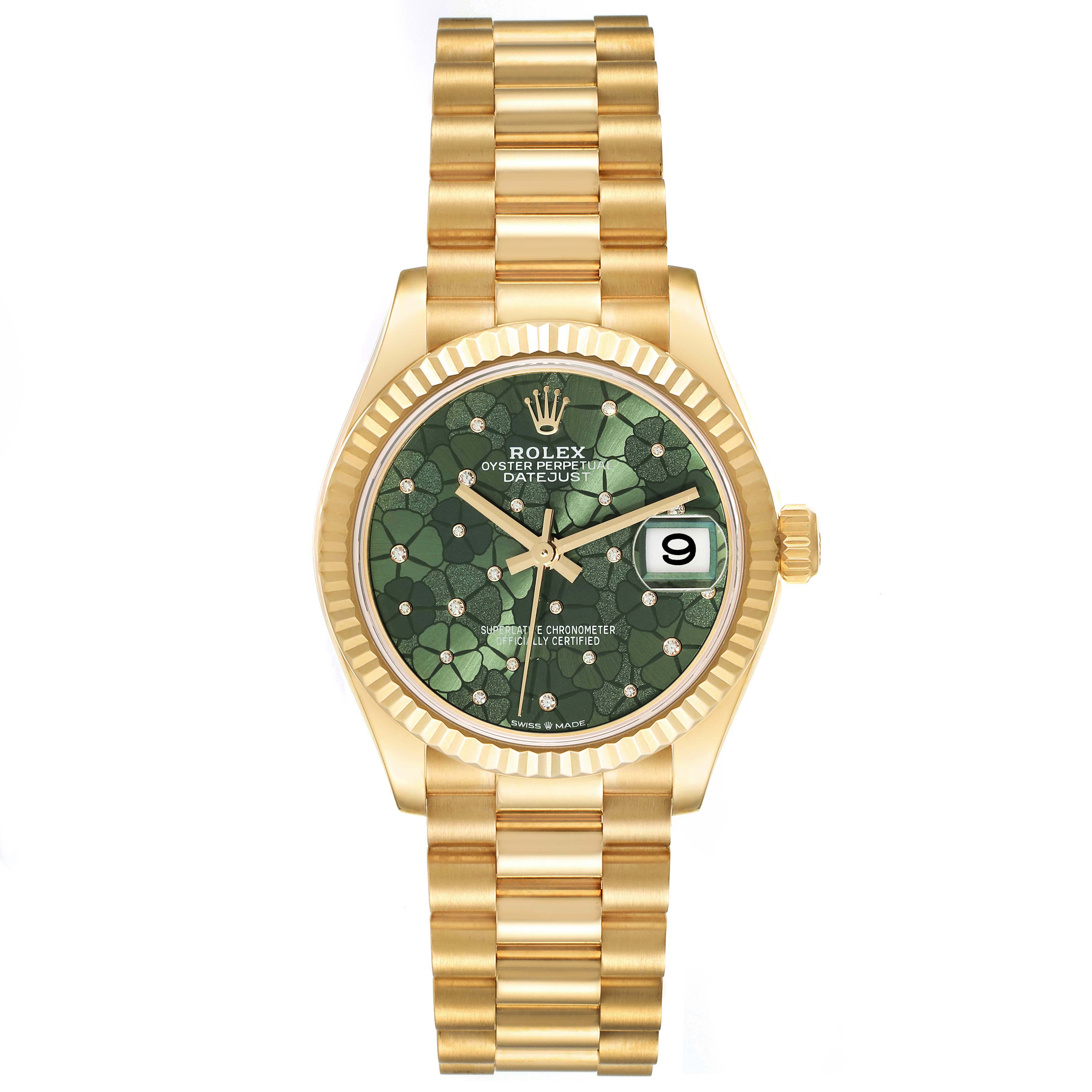 This image shows the front view of a Rolex President 278278 Women
s Yellow Gold Green Dial 278278 Women
s Yellow Gold Green Dial model watch, highlighting its green floral dial and gold bracelet.