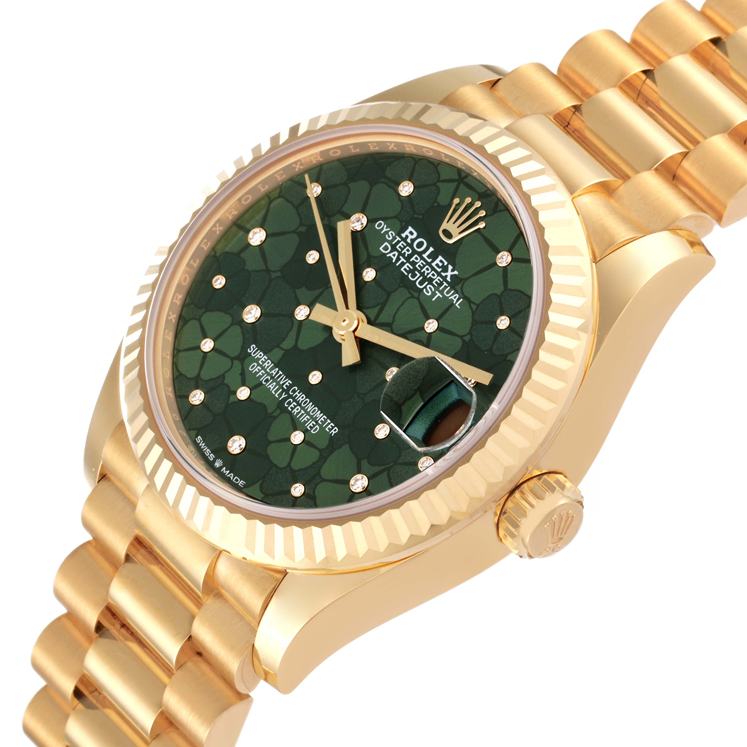 The image showcases a side angle of the Rolex President 278278 Women
s Yellow Gold Green Dial 278278 Women
s Yellow Gold Green Dial model watch, highlighting the green dial, gold bracelet, and fluted bezel.