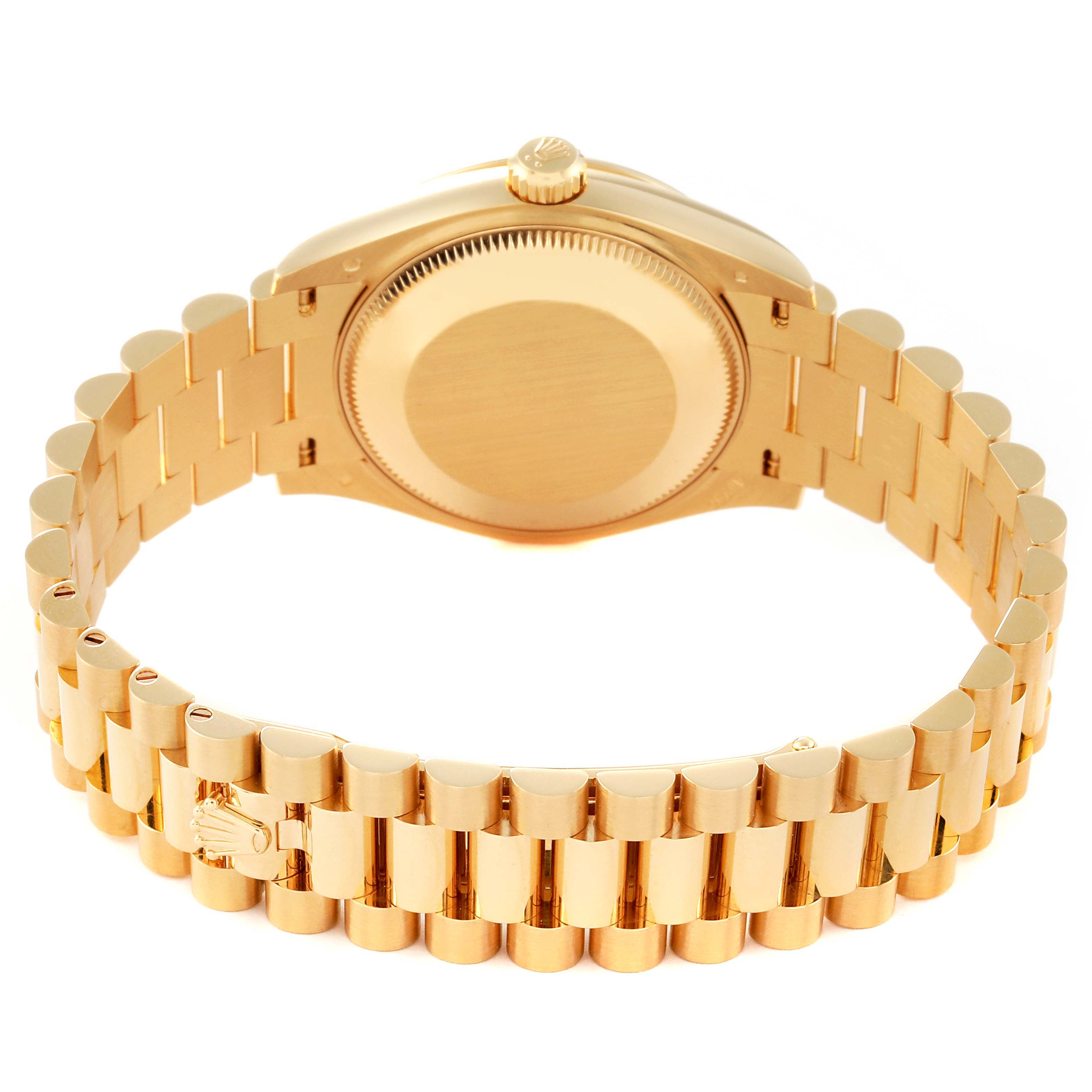 The image shows the back and bracelet of the Rolex President 278278 Women
s Yellow Gold Green Dial 278278 Women
s Yellow Gold Green Dial model watch, highlighting its gold finish.