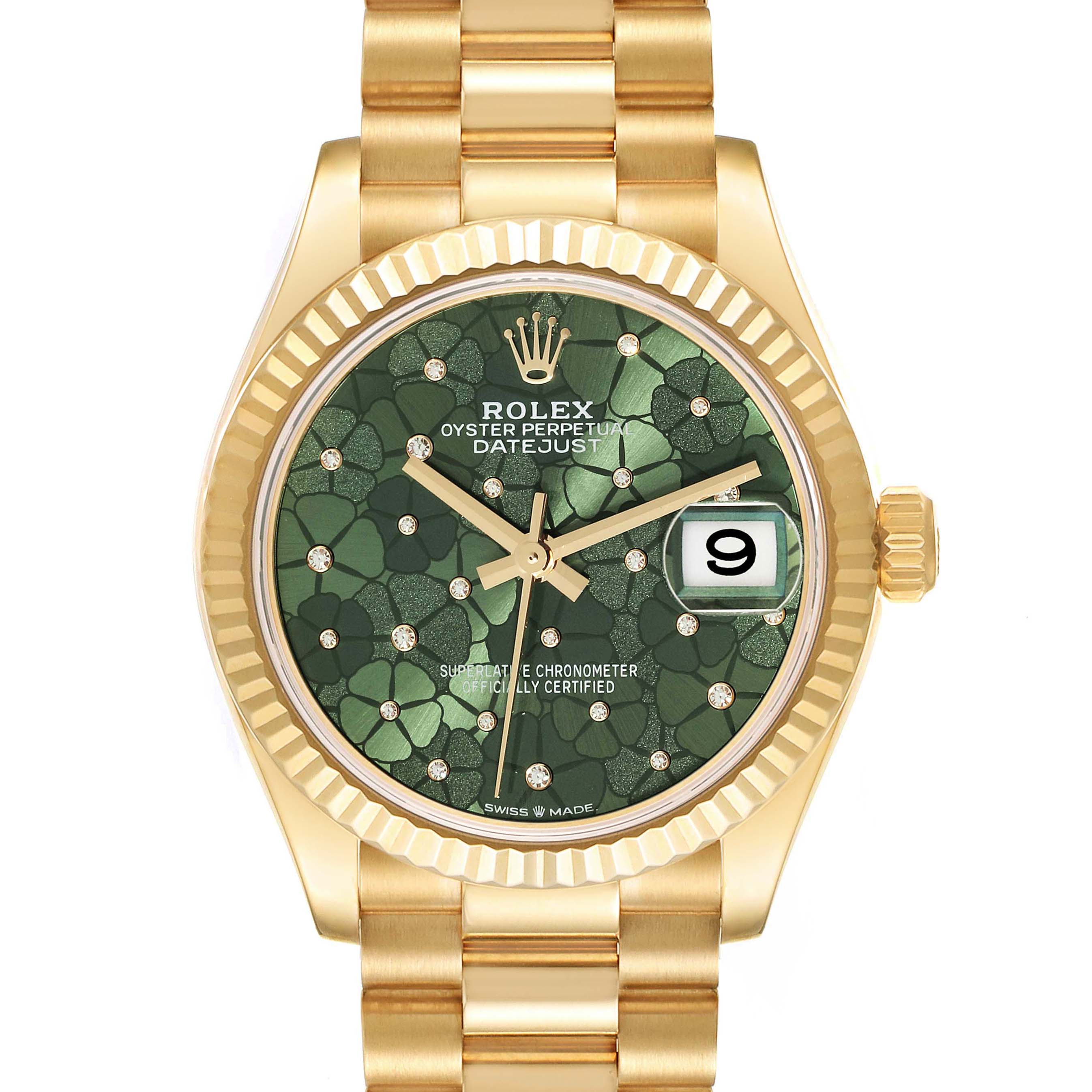 This image shows a front view of a Rolex President 278278 Women
s Yellow Gold Green Dial 278278 Women
s Yellow Gold Green Dial model watch, highlighting the dial, bezel, and gold bracelet.
