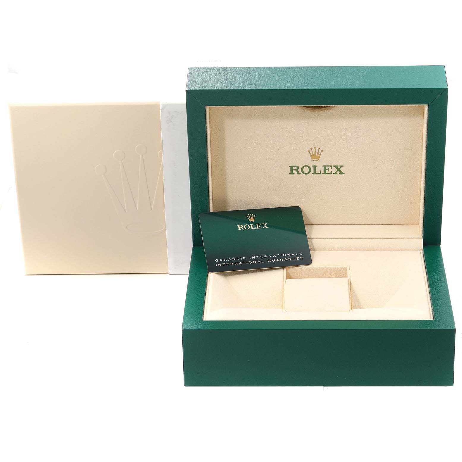 The image shows a Rolex President 278278 Women
s Yellow Gold Green Dial 278278 Women
s Yellow Gold Green Dial model watch box with green exterior, beige interior, and the international guarantee card.