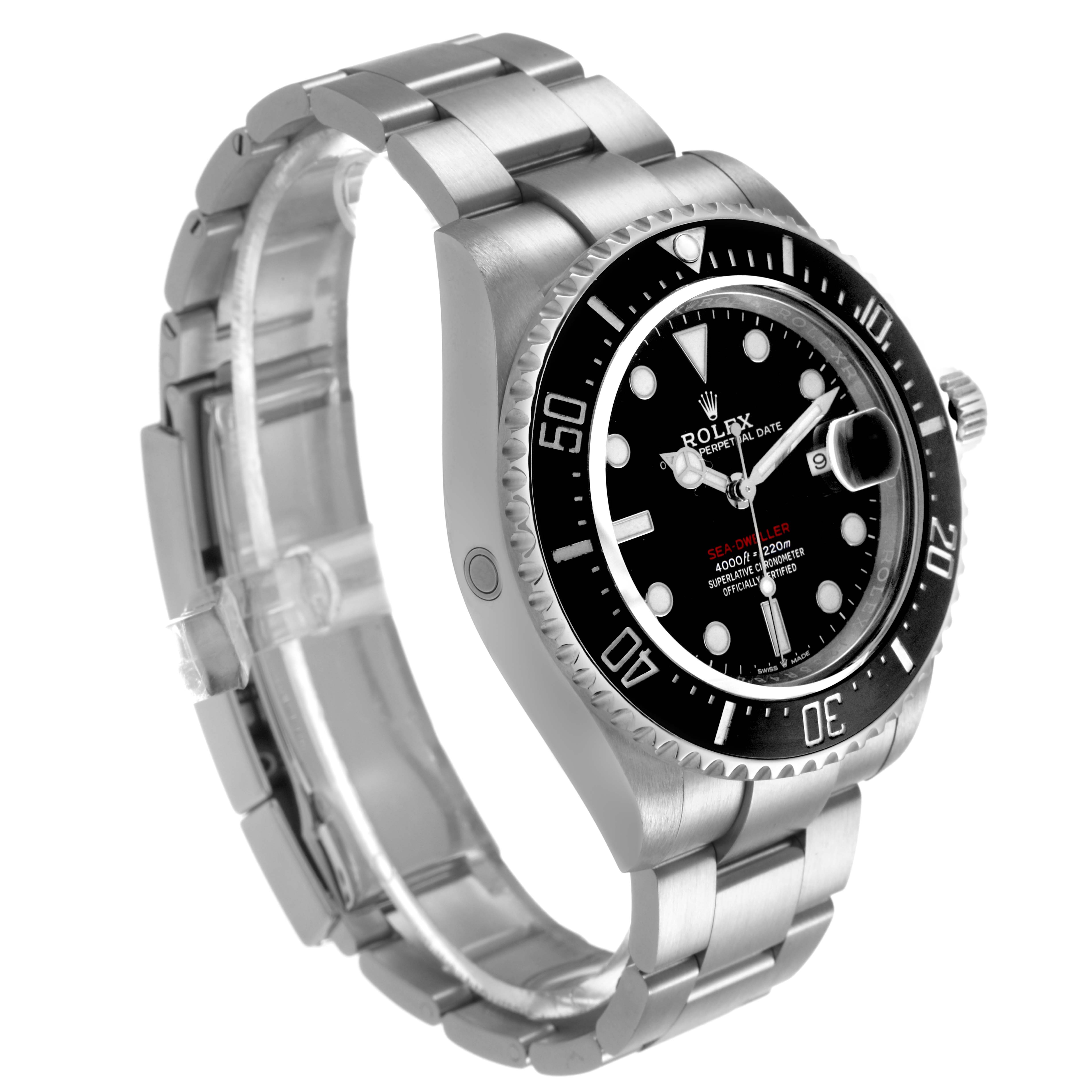 The Rolex Sea-Dweller 126600 Men's Stainless Steel Black Dial is shown at a three-quarter angle, highlighting the bezel, dial, and part of the bracelet.