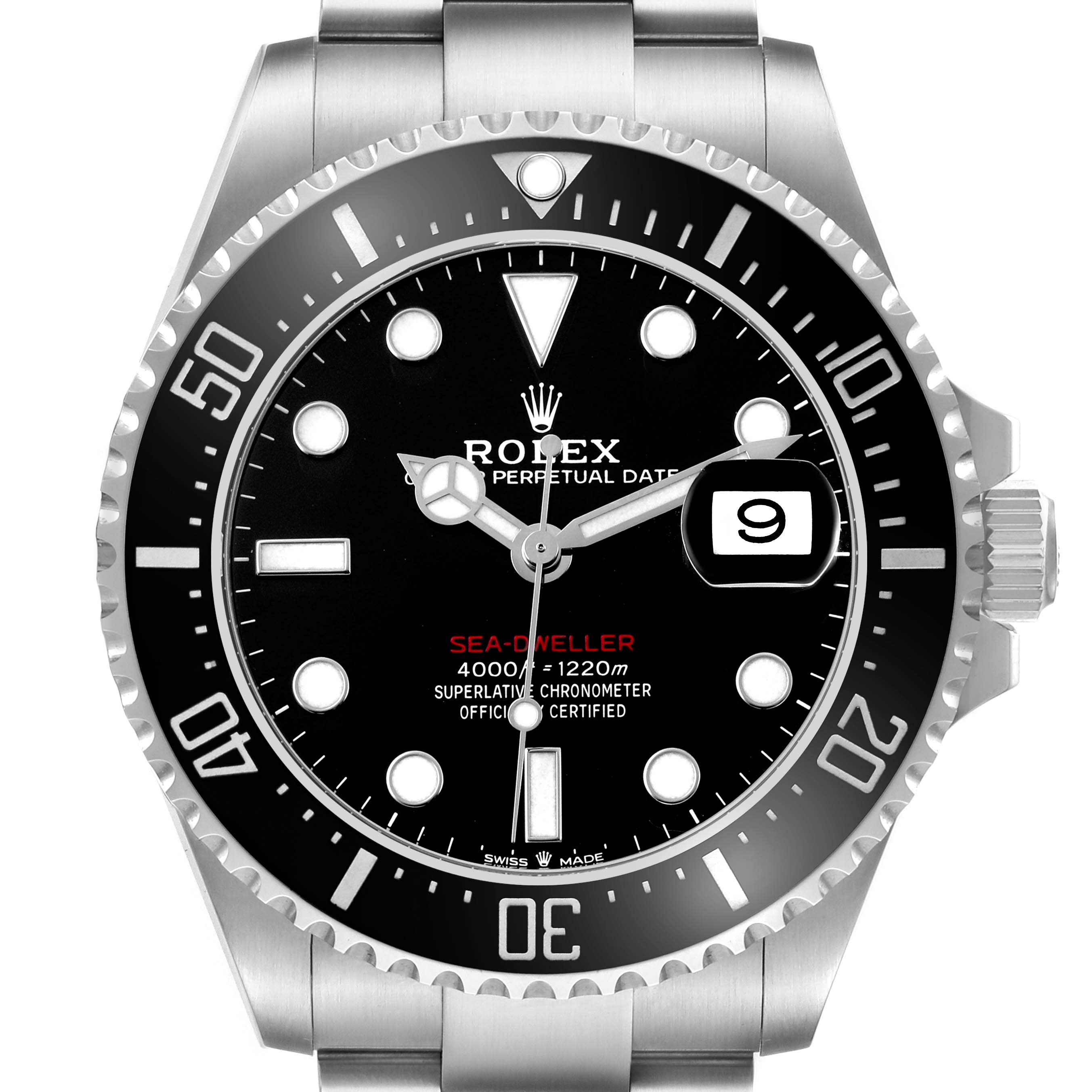 The Rolex Sea-Dweller 126600 Men's Stainless Steel Black Dial watch is shown from a front angle, highlighting the dial, bezel, and part of the bracelet.