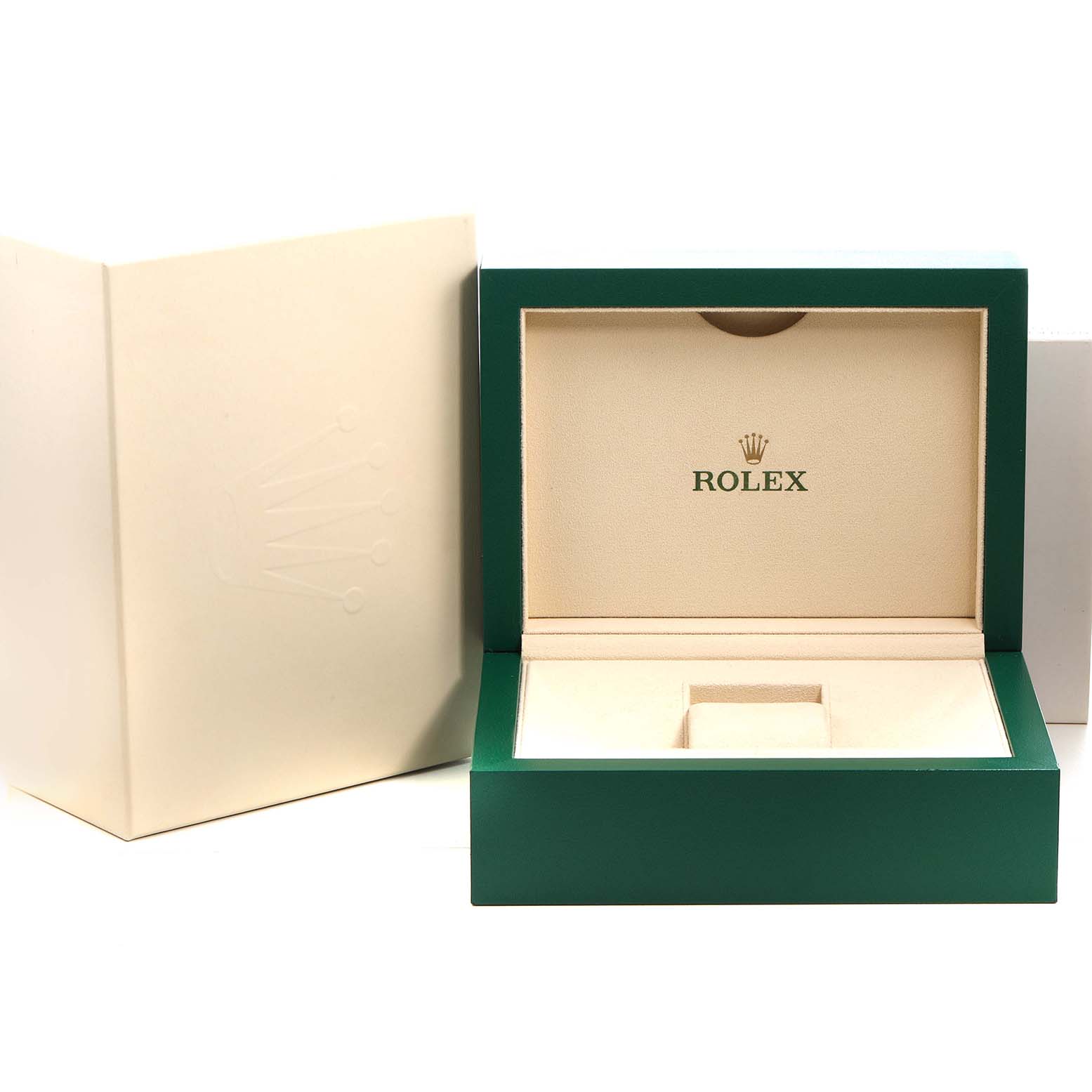 The image shows an empty Rolex Sea-Dweller 126600 Men's Stainless Steel Black Dial watch box, open from a front angle, revealing both the interior and exterior packaging.
