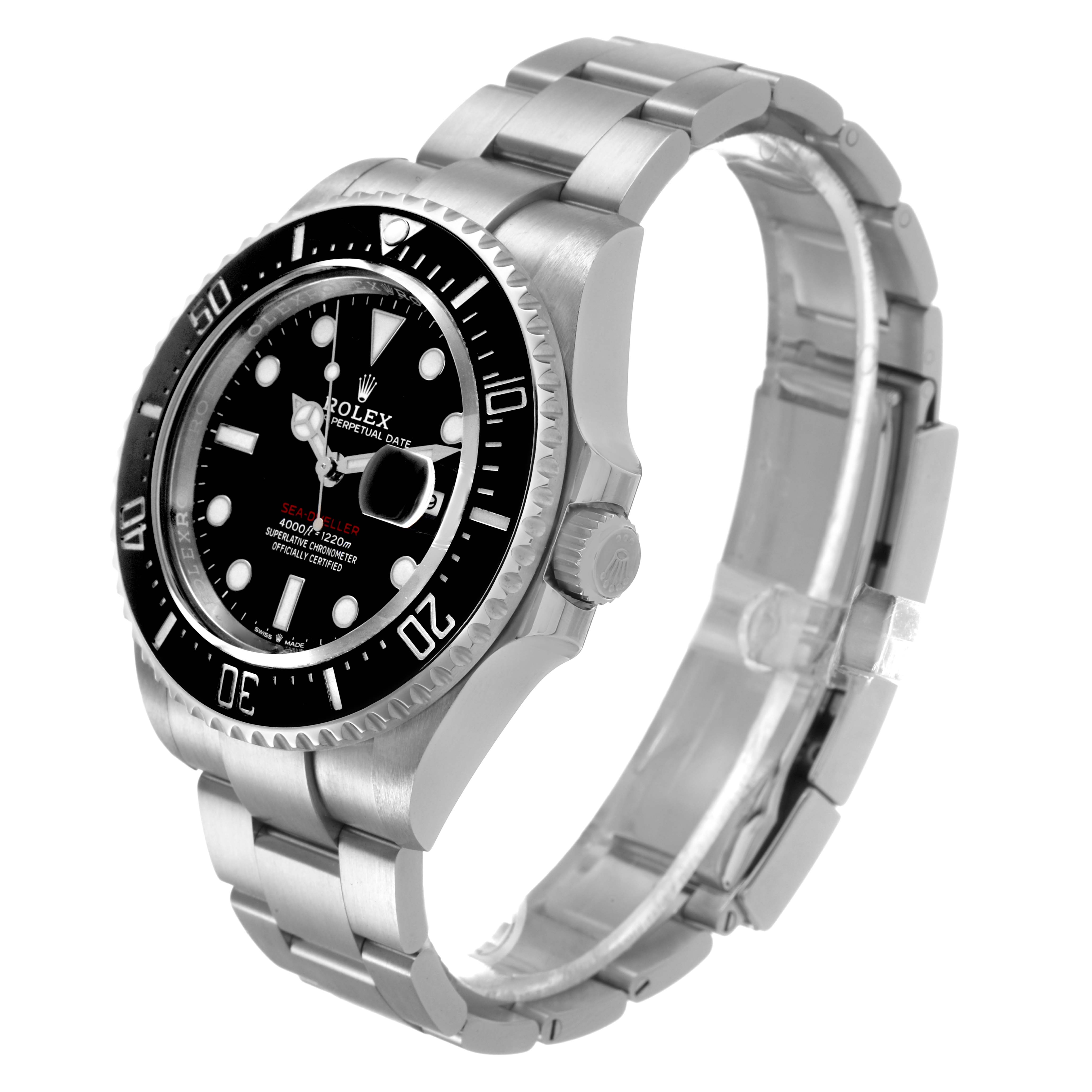 The Rolex Sea-Dweller 126600 Men's Stainless Steel Black Dial watch is shown at a three-quarter angle, displaying the face, bezel, crown, and bracelet.