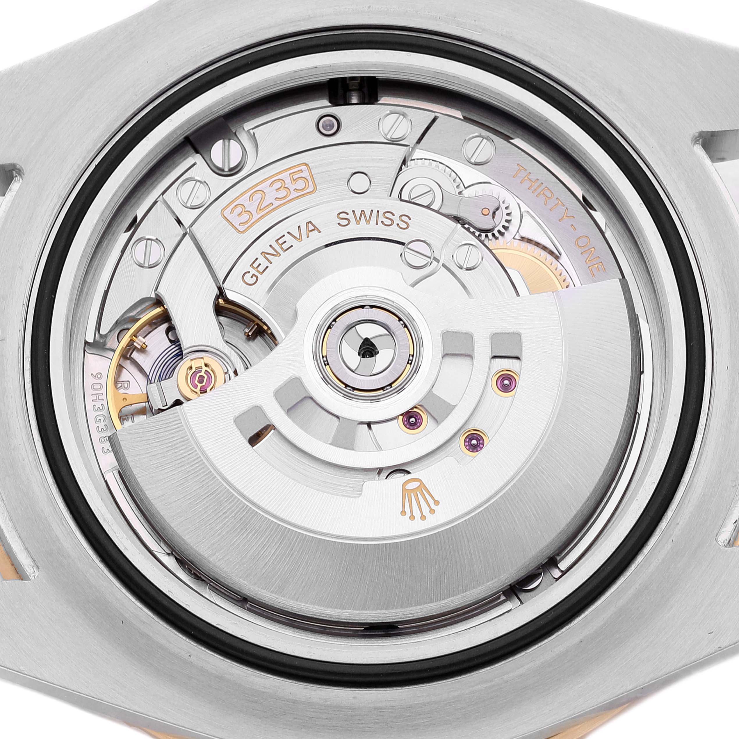 This is a close-up view of the movement mechanism inside the Rolex Sea-Dweller 126603 Men's Steel and Gold (two tone) Black Dial 126603 Men's Steel and Gold (two tone) Black Dial watch.