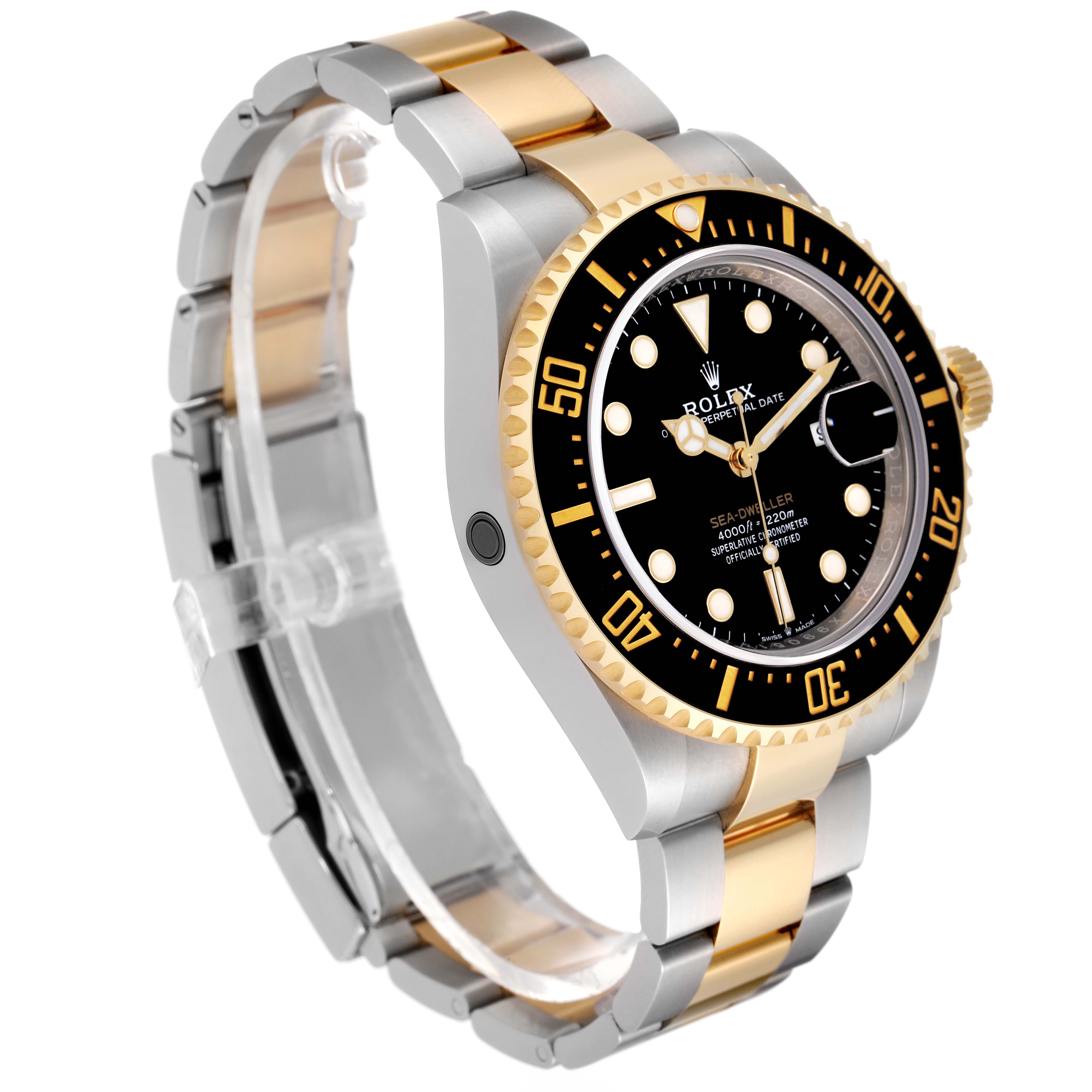 The Rolex Sea-Dweller 126603 Men's Steel and Gold (two tone) Black Dial 126603 Men's Steel and Gold (two tone) Black Dial is angled showing the watch face, bezel, crown, and partially open bracelet.
