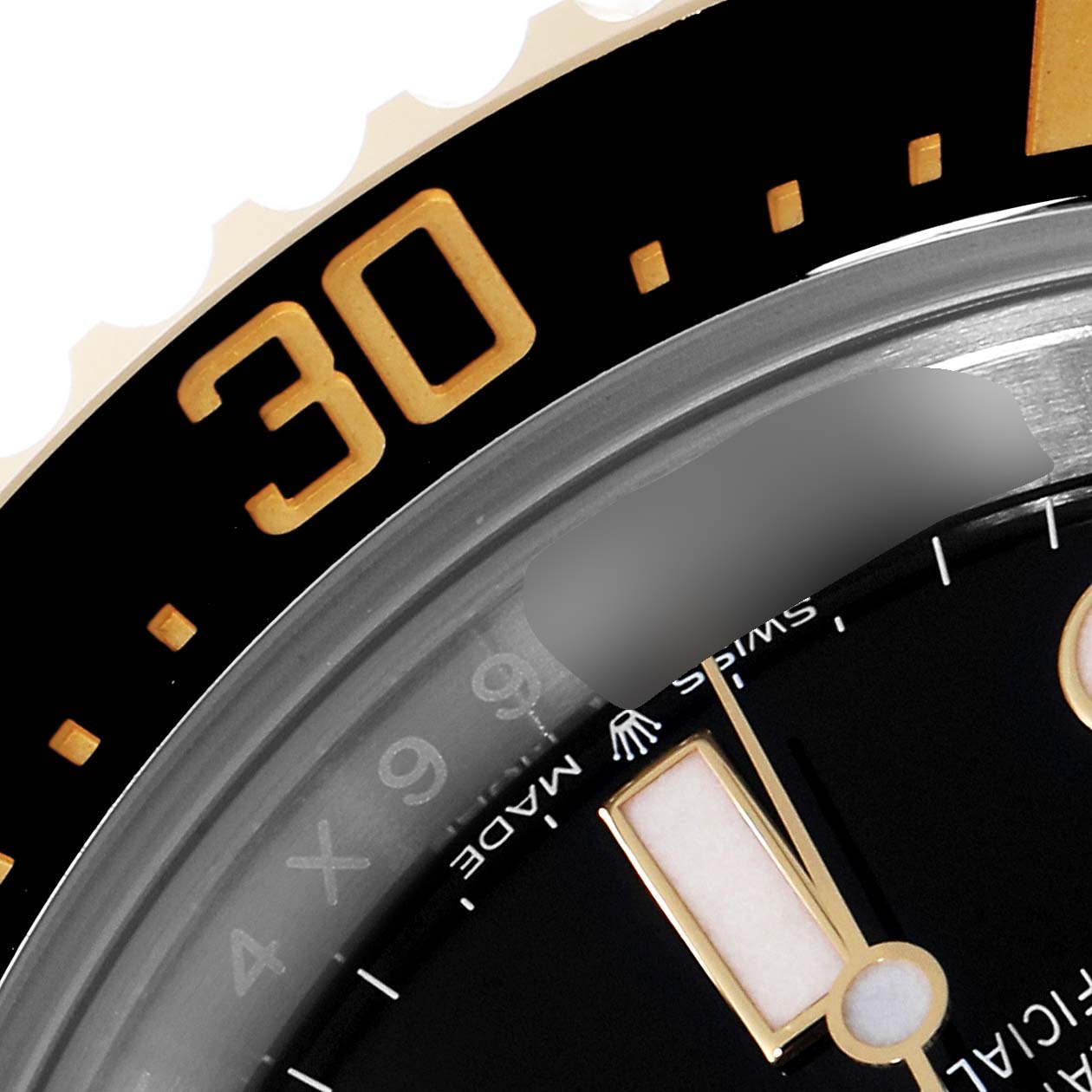 The image shows a close-up of the bezel, part of the dial, and the minute hand of a Rolex Sea-Dweller 126603 Men's Steel and Gold (two tone) Black Dial 126603 Men's Steel and Gold (two tone) Black Dial watch.