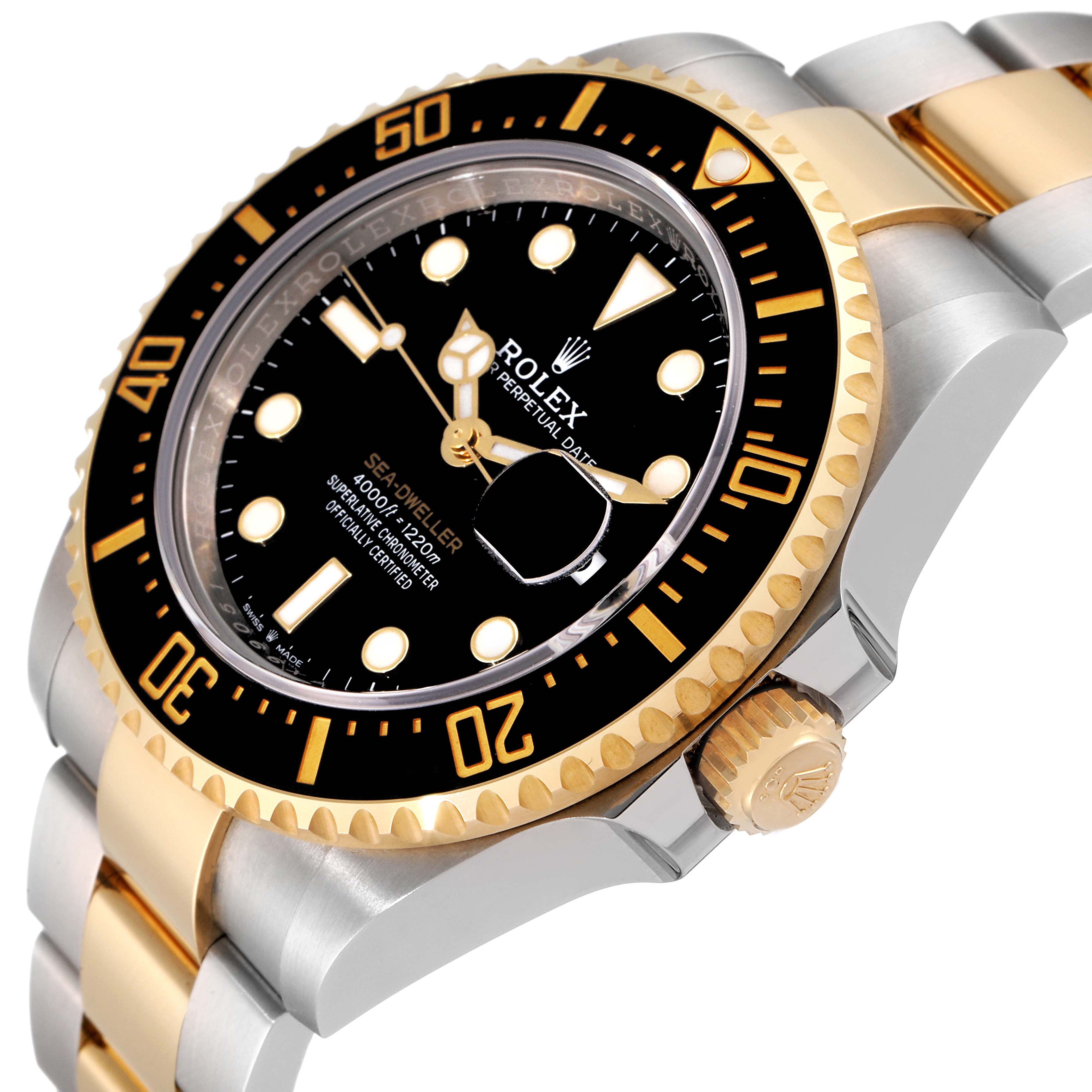 The Rolex Sea-Dweller 126603 Men's Steel and Gold (two tone) Black Dial 126603 Men's Steel and Gold (two tone) Black Dial watch is shown at an angle highlighting the bezel, dial, crown, and part of the bracelet.