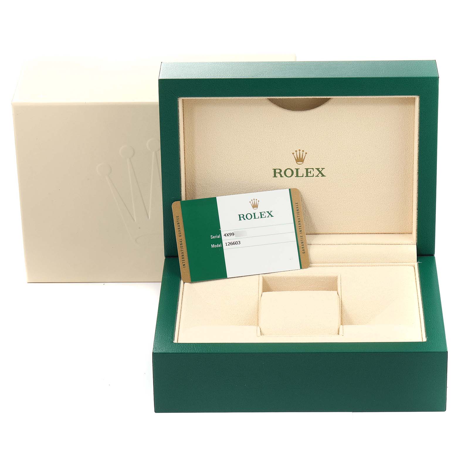 The image shows the packaging box and authenticity card for a Rolex Sea-Dweller 126603 Men's Steel and Gold (two tone) Black Dial 126603 Men's Steel and Gold (two tone) Black Dial watch.
