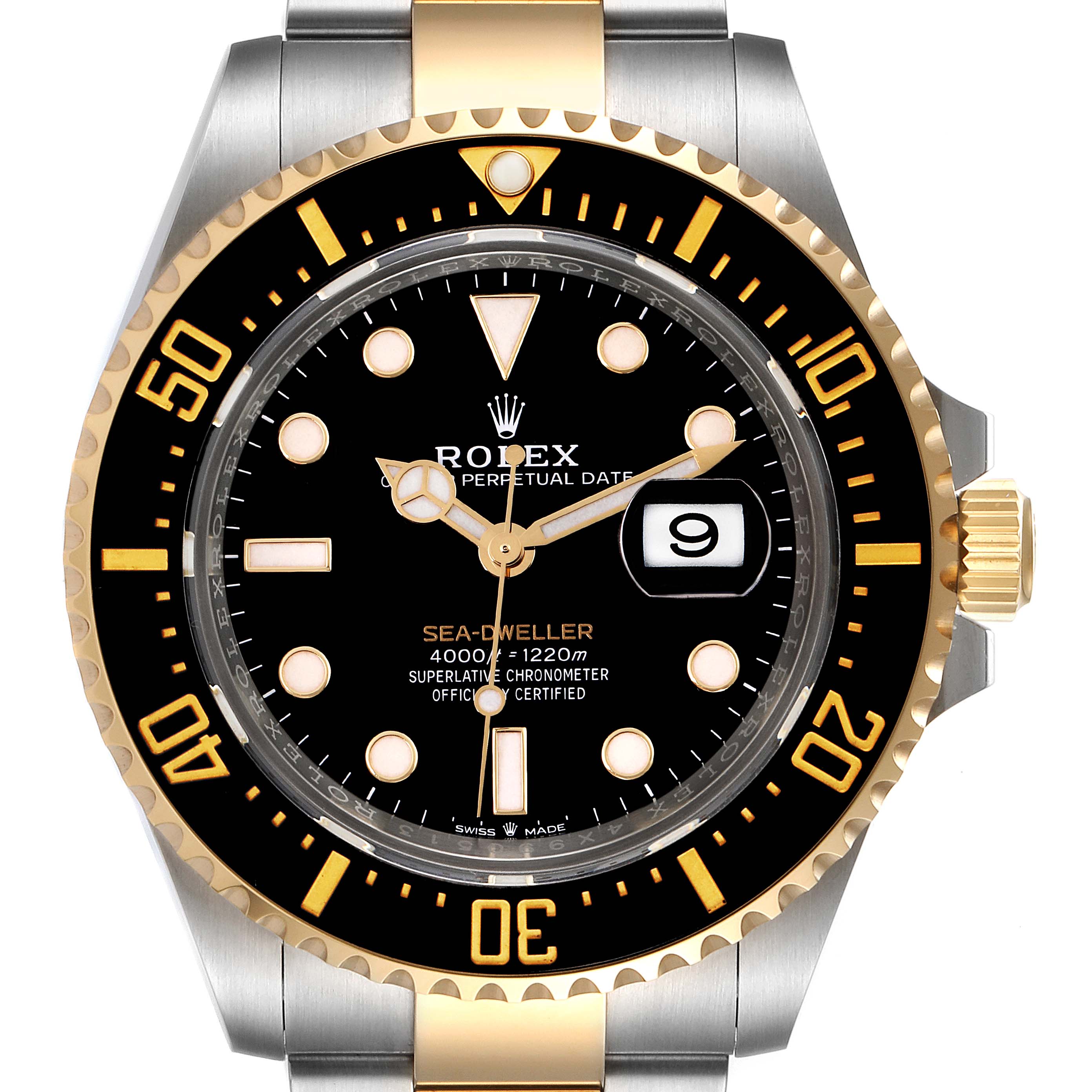 The image shows a front view of the Rolex Sea-Dweller 126603 Men's Steel and Gold (two tone) Black Dial 126603 Men's Steel and Gold (two tone) Black Dial watch, highlighting the dial, bezel, and part of the bracelet.