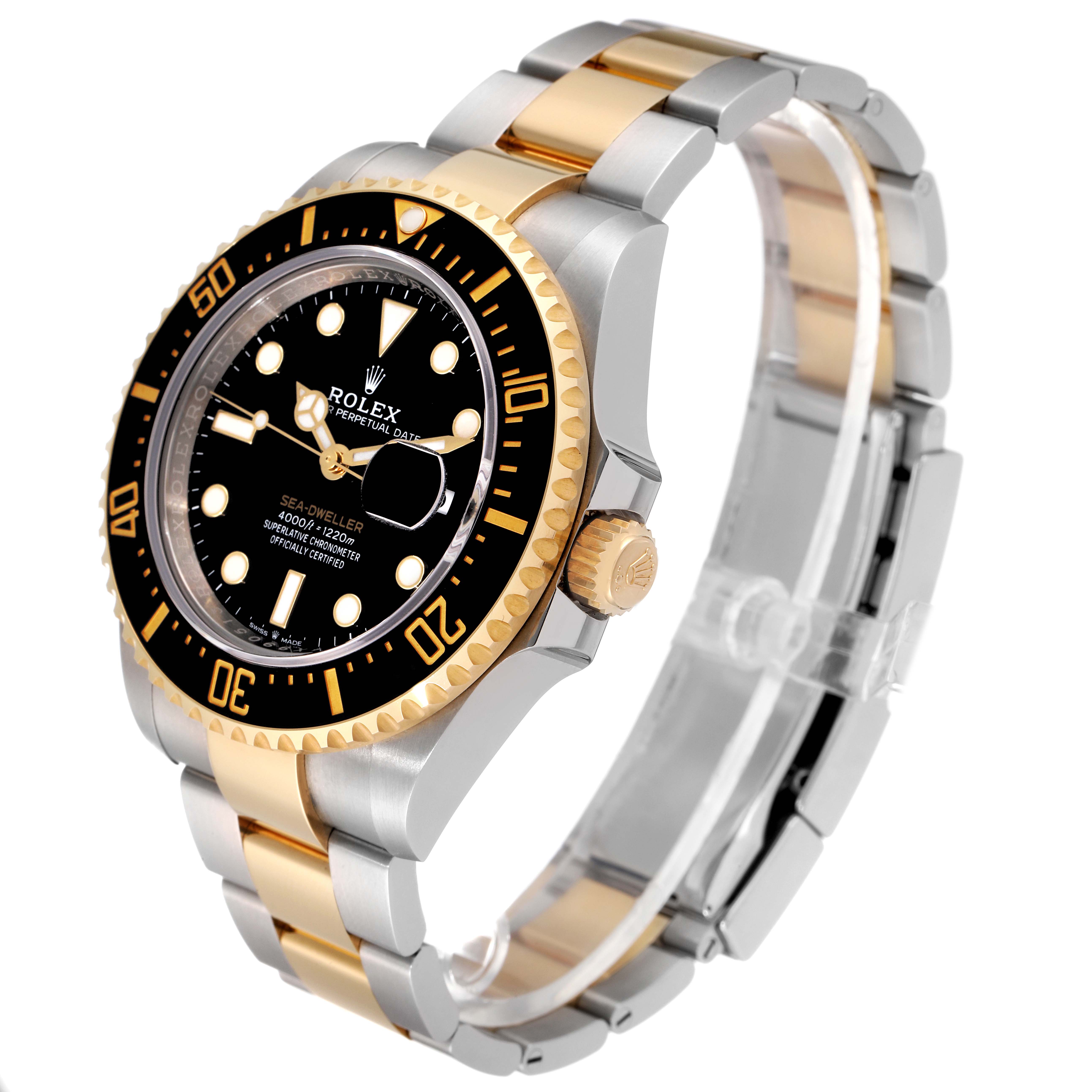 The Rolex Sea-Dweller 126603 Men's Steel and Gold (two tone) Black Dial 126603 Men's Steel and Gold (two tone) Black Dial watch is shown at an angle highlighting its two-tone bracelet, black bezel, and crown on the right side.