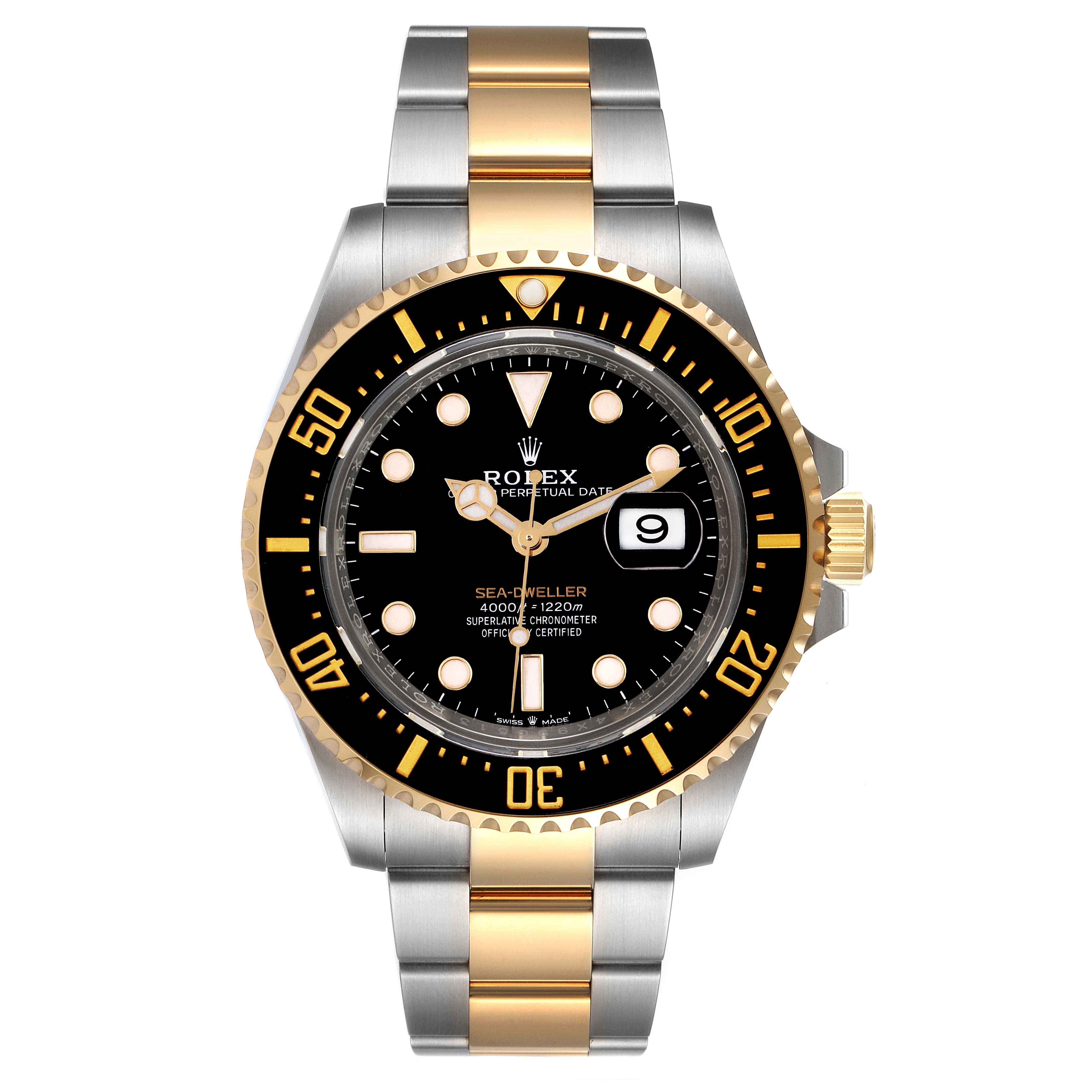 This image shows a front view of the Rolex Sea-Dweller 126603 Men's Steel and Gold (two tone) Black Dial 126603 Men's Steel and Gold (two tone) Black Dial watch, highlighting its dial, bezel, and two-tone bracelet.